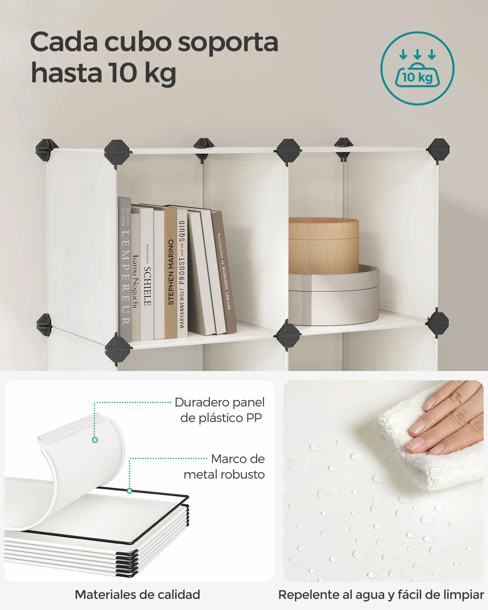 SONGMICS Armario Modular, con 16 Cubos Apilables, Zapatero Modular, Estante de Plástico PP, para Dormitorio, Oficina, 31 x 123 x 123 cm, Blanco Crema LPC442M01