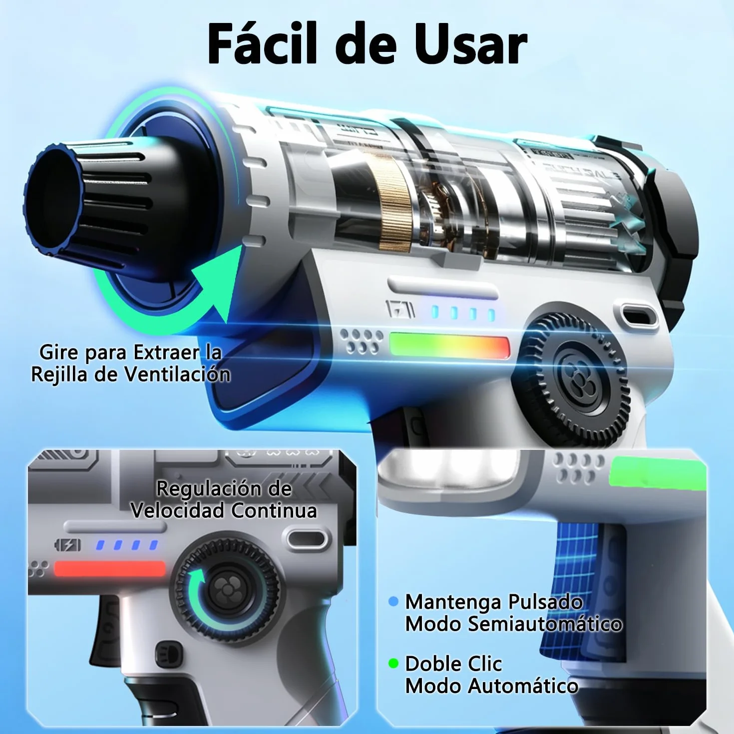 yAyusi Colector de Polvo Eléctrico Recargable,Colector de Polvo Eléctrico de Aire de Alta Potencia de 130000 RPM,con LED,Control de Velocidad Continuo,Adecuado para Exteriores,Hogares y Automóviles