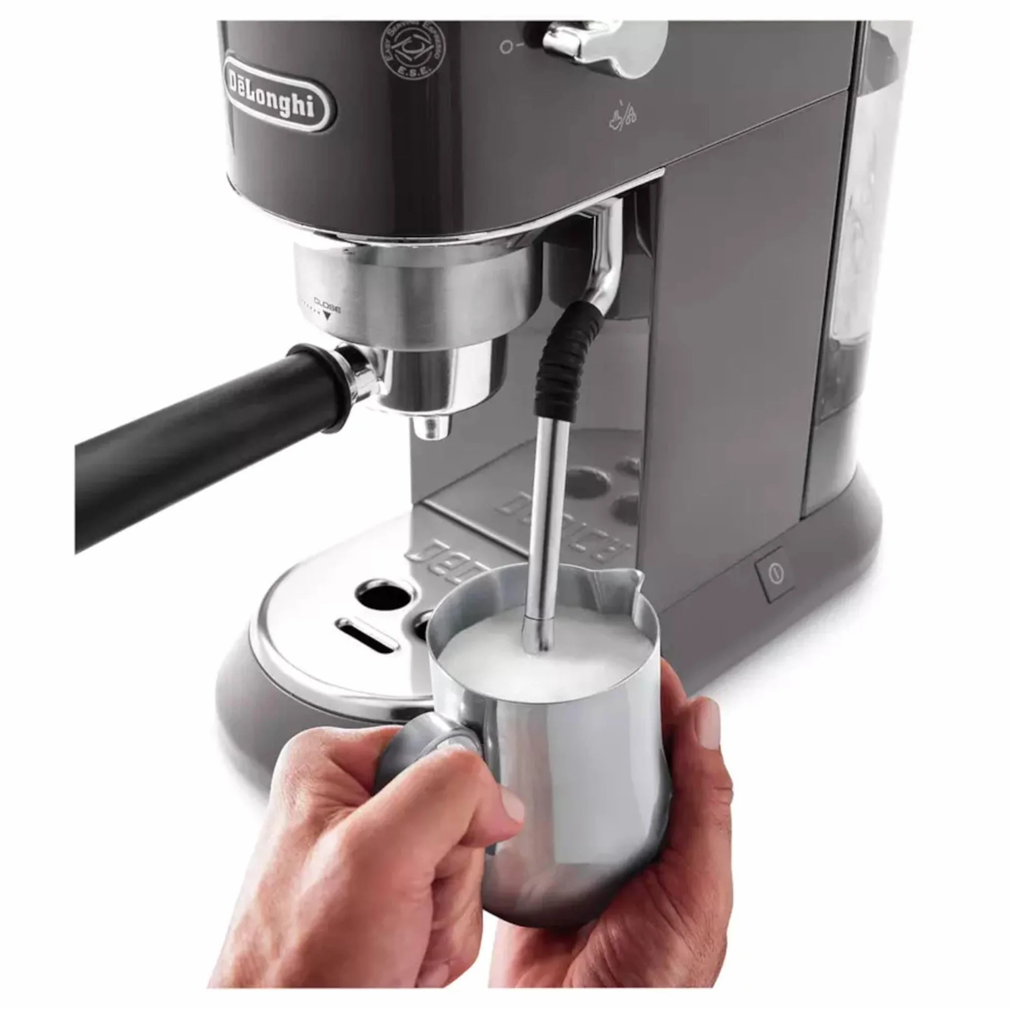 De'Longhi Dedica Arte EC885.GY, Máquina de Café Tradicional de Bomba, Máquina de Café Manual, Varilla de Vapor My LatteArt, Diseño Compacto de 15 cm de Ancho, Apto para Tazas de hasta 13 cm, Gris