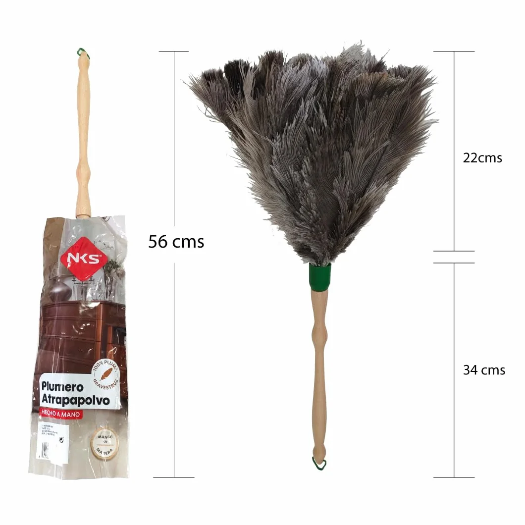 Plumero Avestruz 56 cm - Fabricado en España - Plumero Atrapapolvo Mango Madera y 100% Pluma de Avestruz - Fácil de Limpiar - Limpieza Muebles, Ventiladores o Estanterías