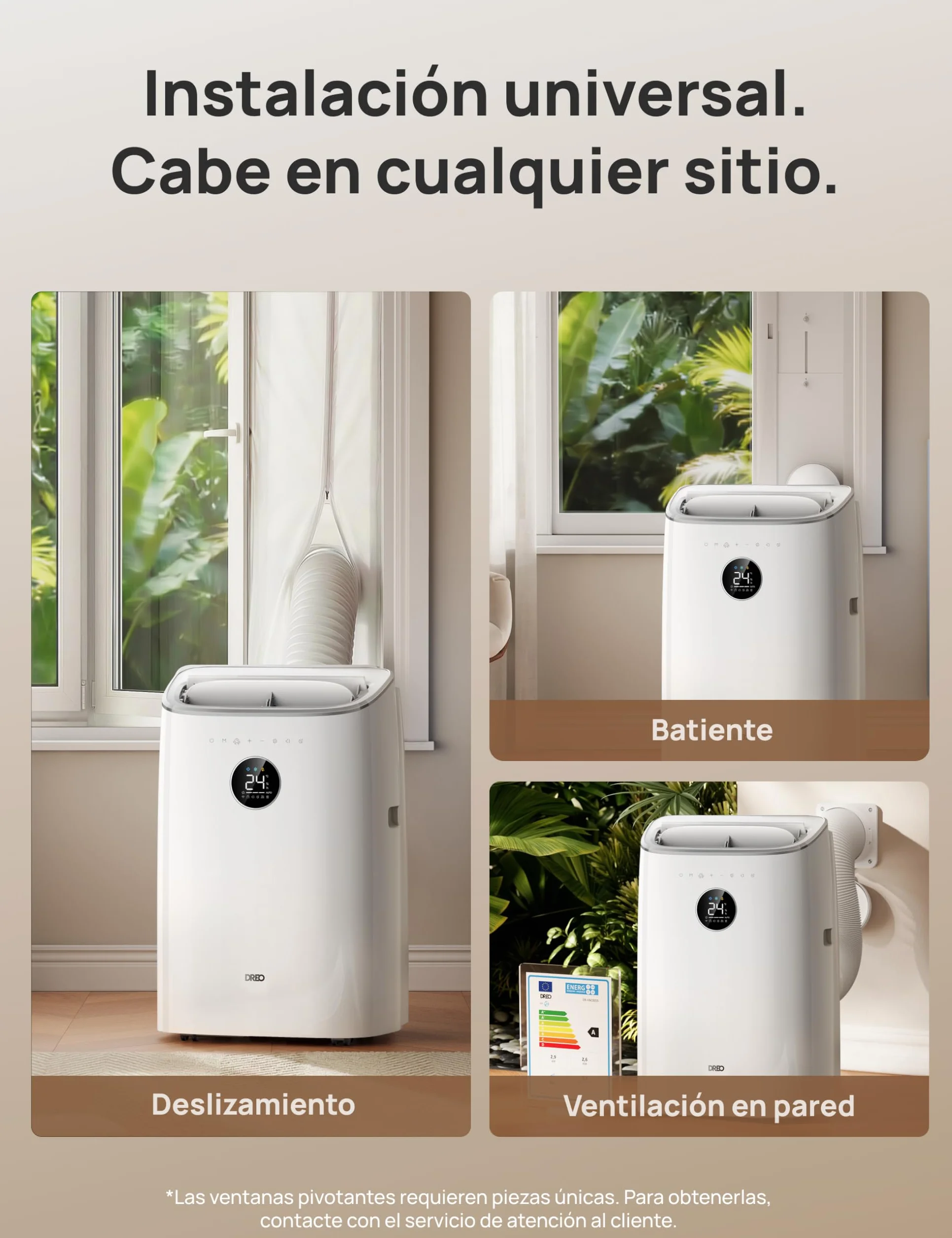 DREO aire acondicionado portátil 7500 BTU 3-en-1 refrigeración/ventilación/deshumidificación, silencioso para dormitorio u oficina, control por app y voz, sin drenaje, kit ventana, 2,5 L/h, AC318S