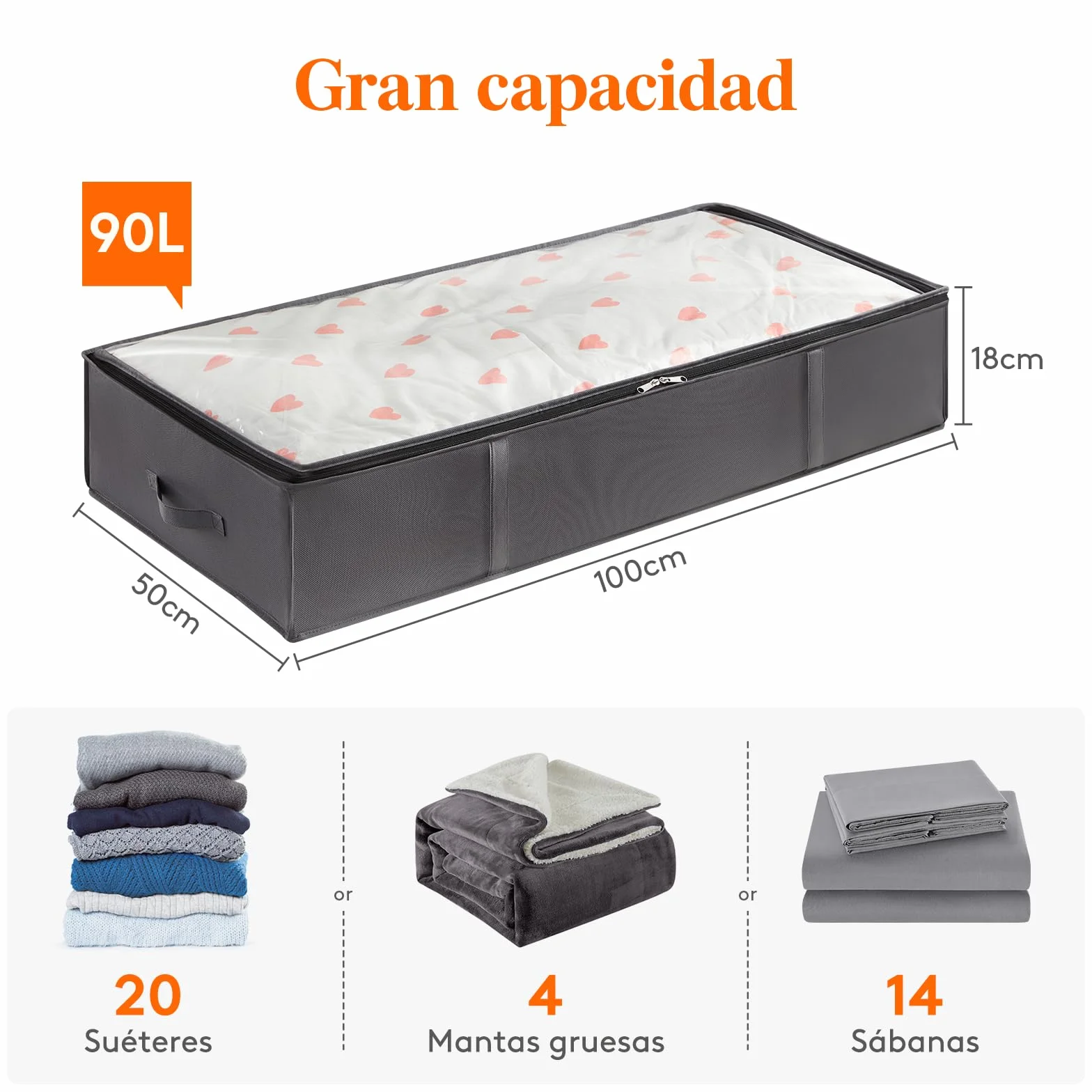Lifewit Bolsas almacenaje ropa debajo cama, Cajas gran capacidad asa reforzada, organizadoras plegables mantas ropa, Gris 90L 4 Piezas