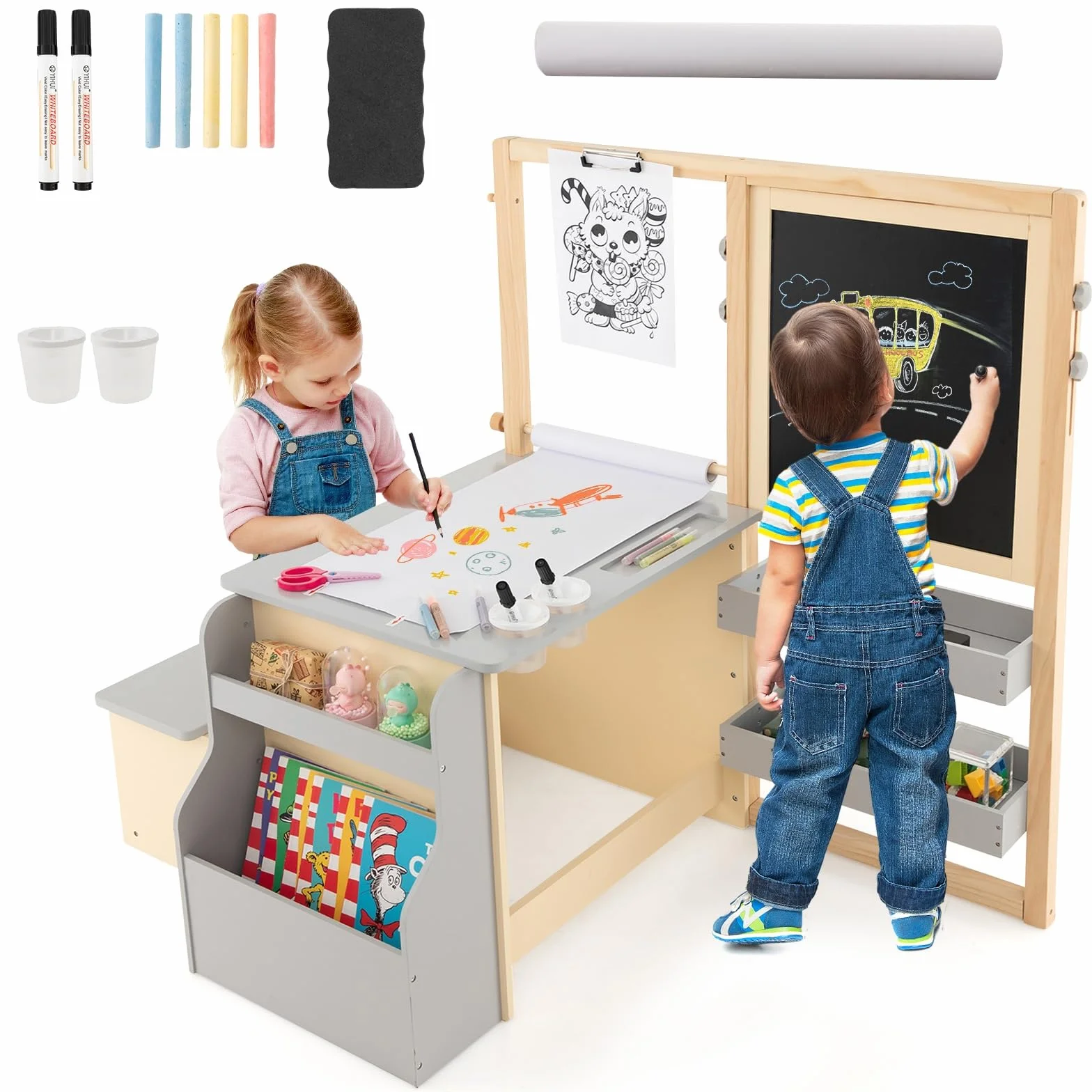 LIFEZEAL Mesa Infantil con Banco, Juego de Caballete con Pizarra de Doble Cara, Conjunto de Mesa y Silla para niños de 3+ años, Estante para Juguetes y Libros, Rollo de Papel y rotulador (Gris)