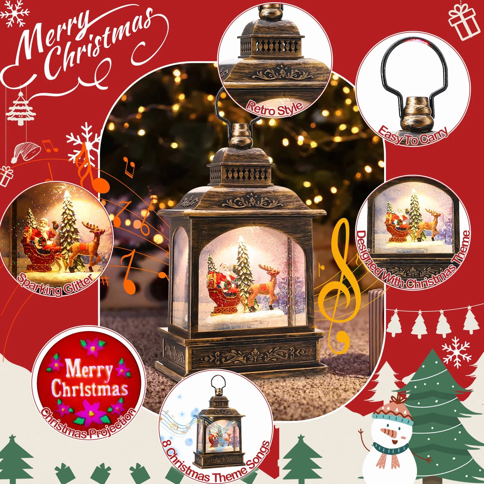 Coikes Linterna Navidad de Musical con Proyección Linternas de Globo Iluminado Xmas Water Lantern Linterna de Papá Noel con Purpurina Faroles de Navidad Decoraciones de Navidad