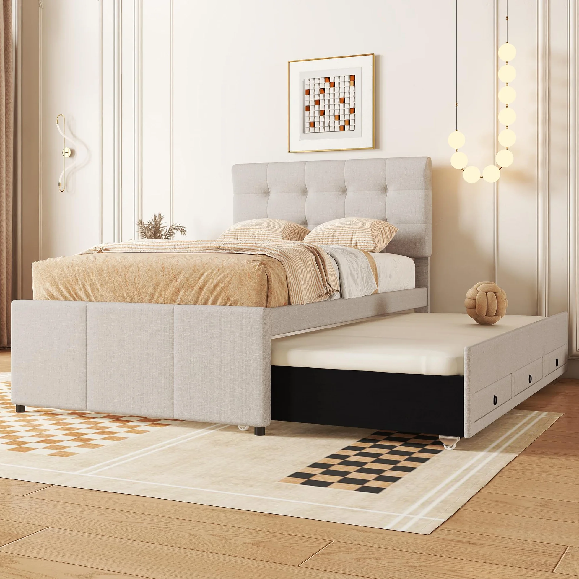 Cama Tapizada 90x200 cm con Cama Nido 90x190, Cama Infantil con 3 Cajones, Camas Juveniles con Cabecero Ajustable, Estructura de Cama Individual con Láminas de Madera, Lino, Beige, Sin Colchón