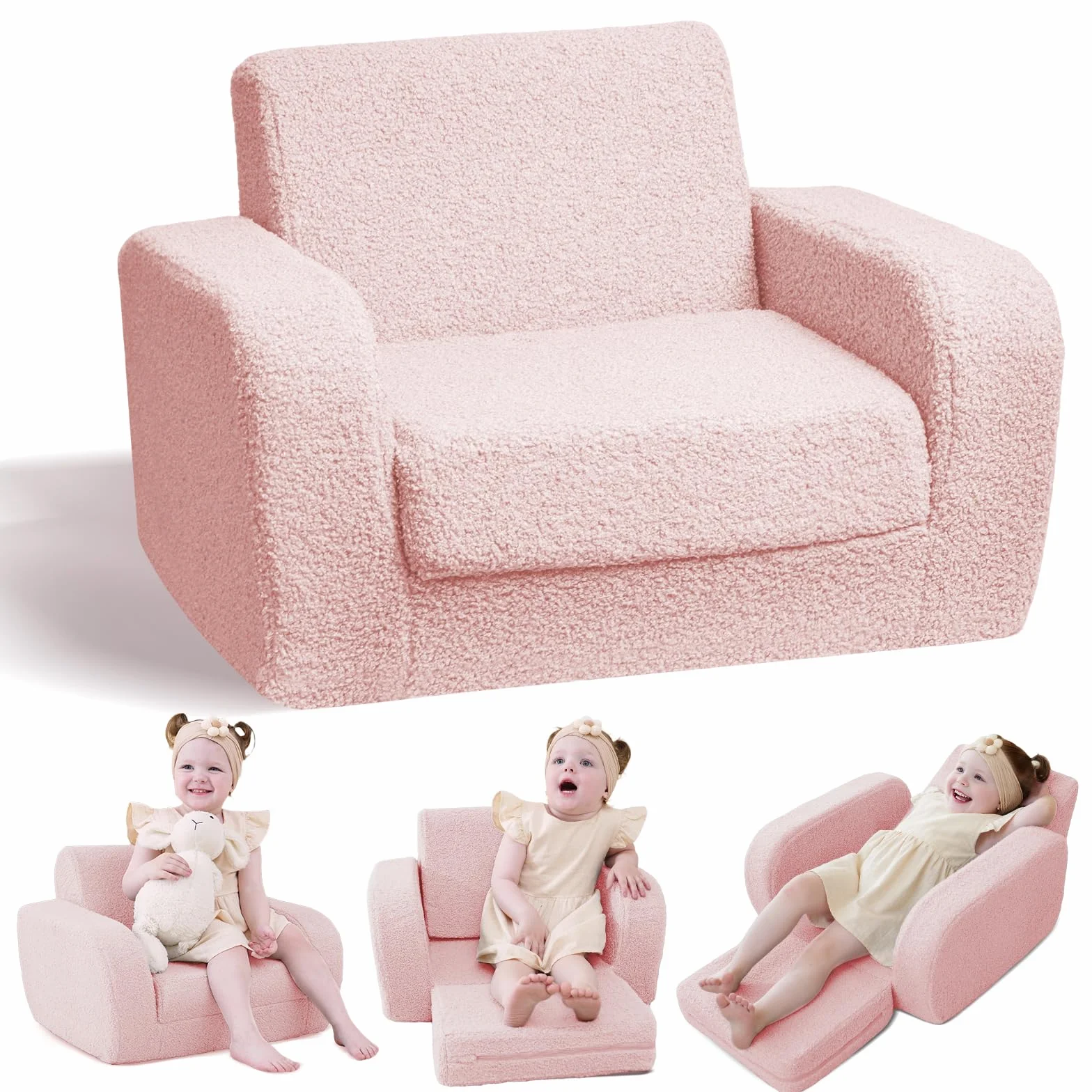 KidBloom 3 in 1 Infantil Sofa de Tela Sherpa Rosa para Niñas 1-3 Años