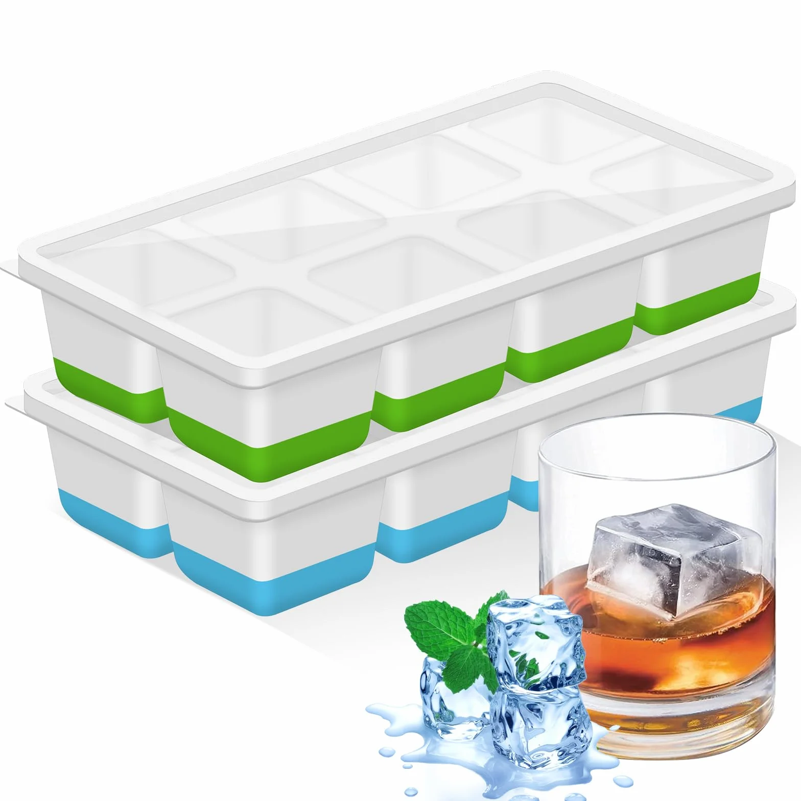 Bandejas de cubitos de hielo de silicona con tapa para whisky, sin BPA, apilable, reutilizable (verde+azul)