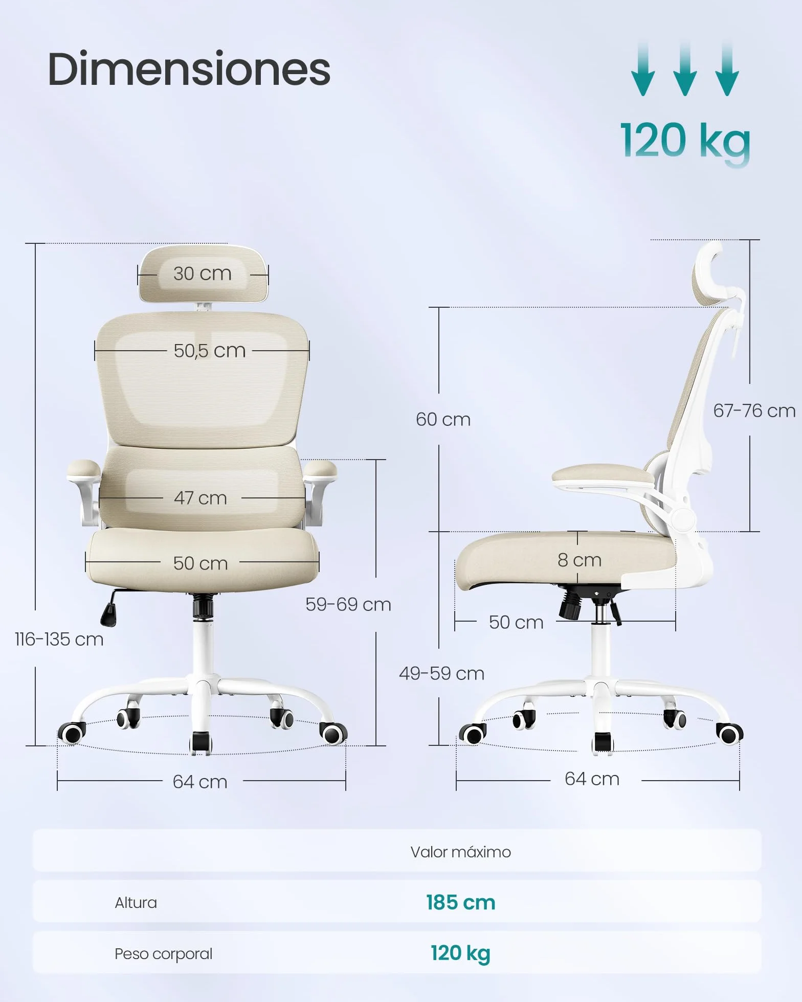 SONGMICS Silla de Oficina Ergonómica, Tela de Malla Transpirable, Soporte Lumbar, Reposacabezas Ajustable, Beige Arena OBN041L01