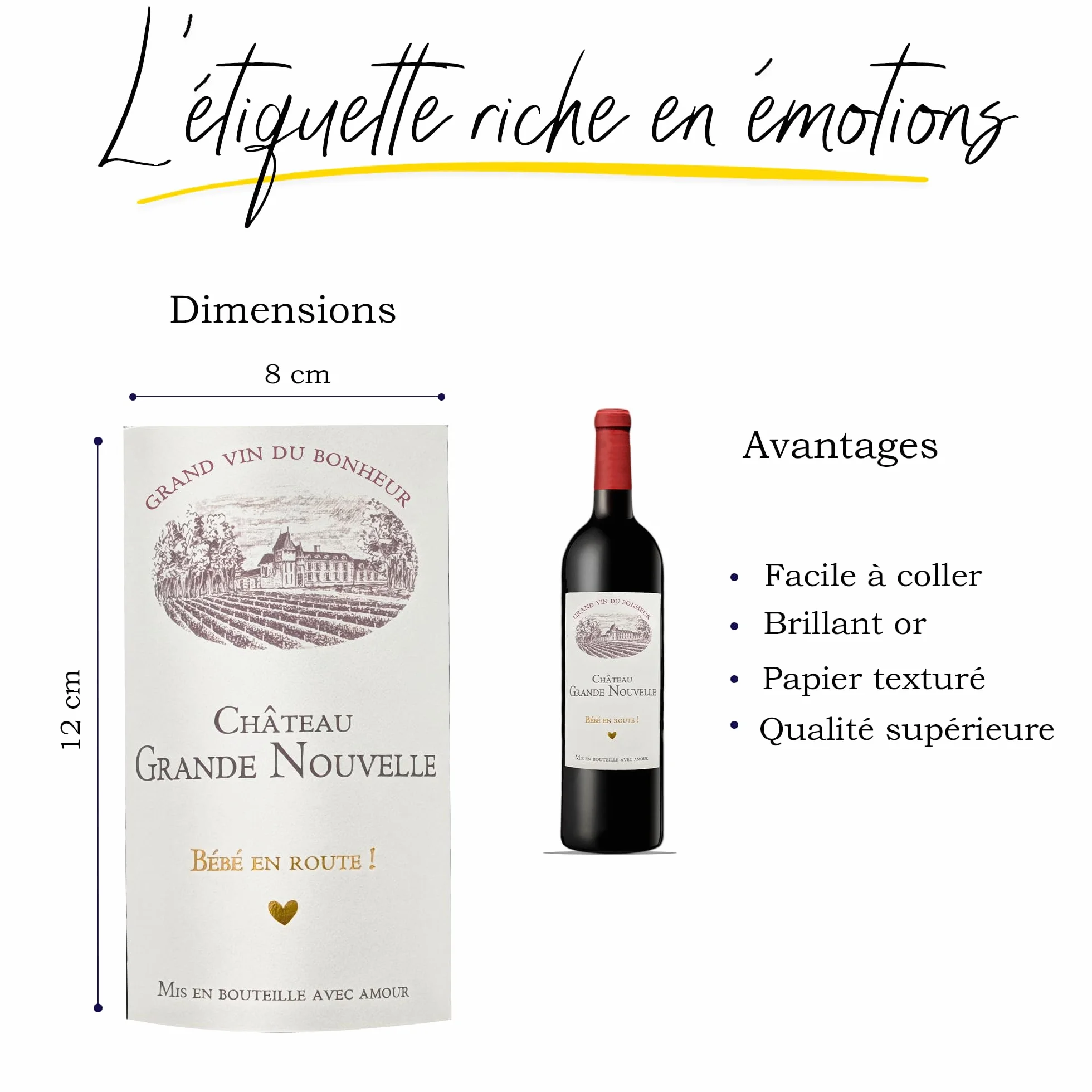 FunFest Set x4 Etiquetas Botella Vino Anuncio Embarazo Château Grande Nouvelle Familia Estilo Burdeos Texto en Francés
