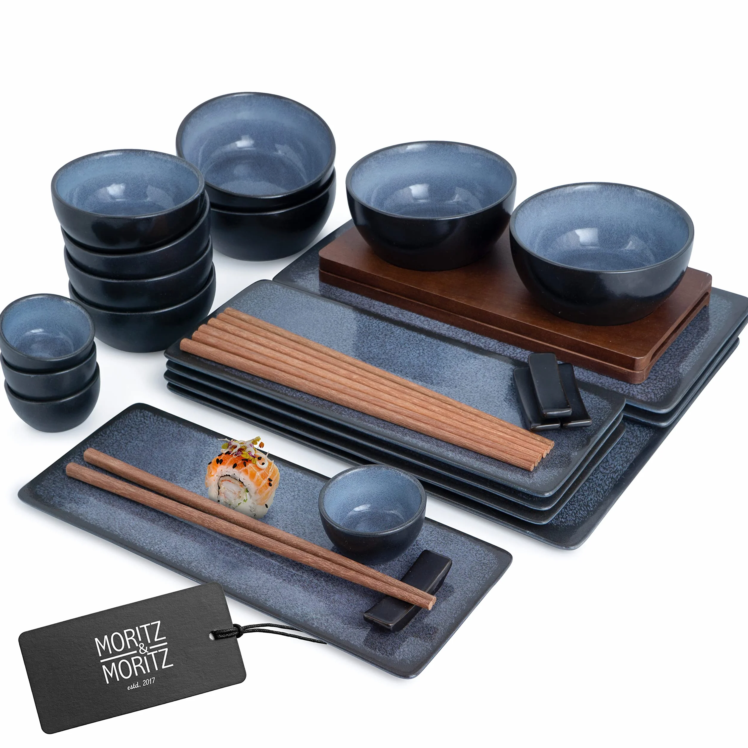 Moritz & Moritz Vajilla Sushi - Platos Sushi Ceramica - Plates Set 29 Piezas para 4 Personas - Plato Sushi con Palillos Soporte de Palillos Cuencos para Wasabi