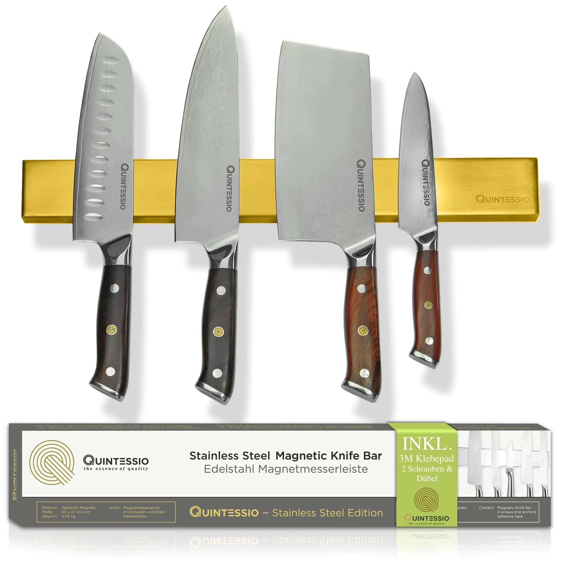QUINTESSIO Barra magnética para cuchillos acero inoxidable 40 cm oro