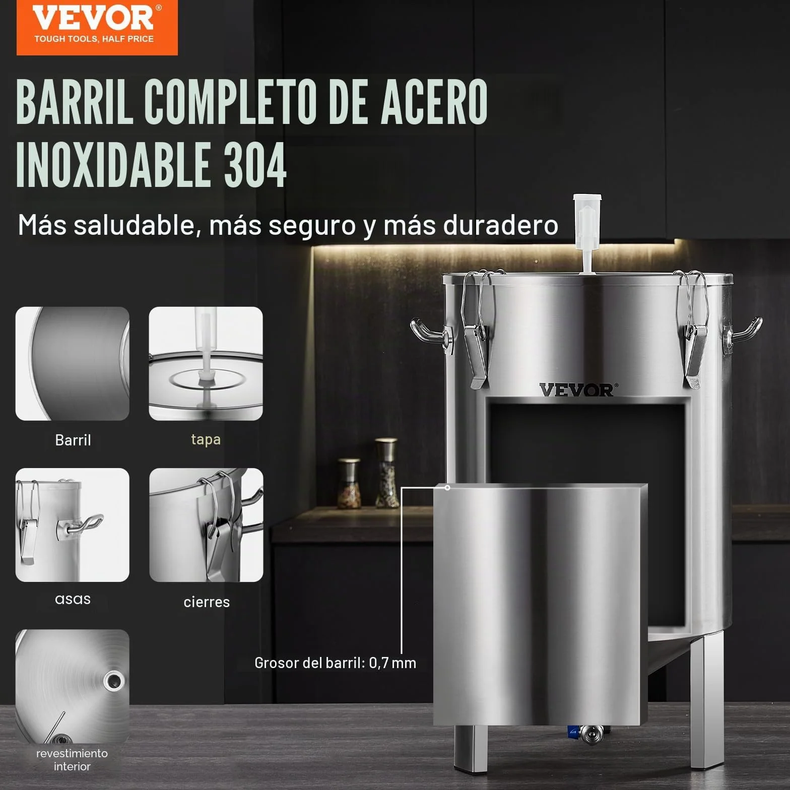 VEVOR Fermentador de Cerveza de 60L, Hervidor de Acero Inoxidable 304, Fermentador de Cubo de Cerveza para Elaboración de Cerveza, Suministros de Elaboración Casera con Base