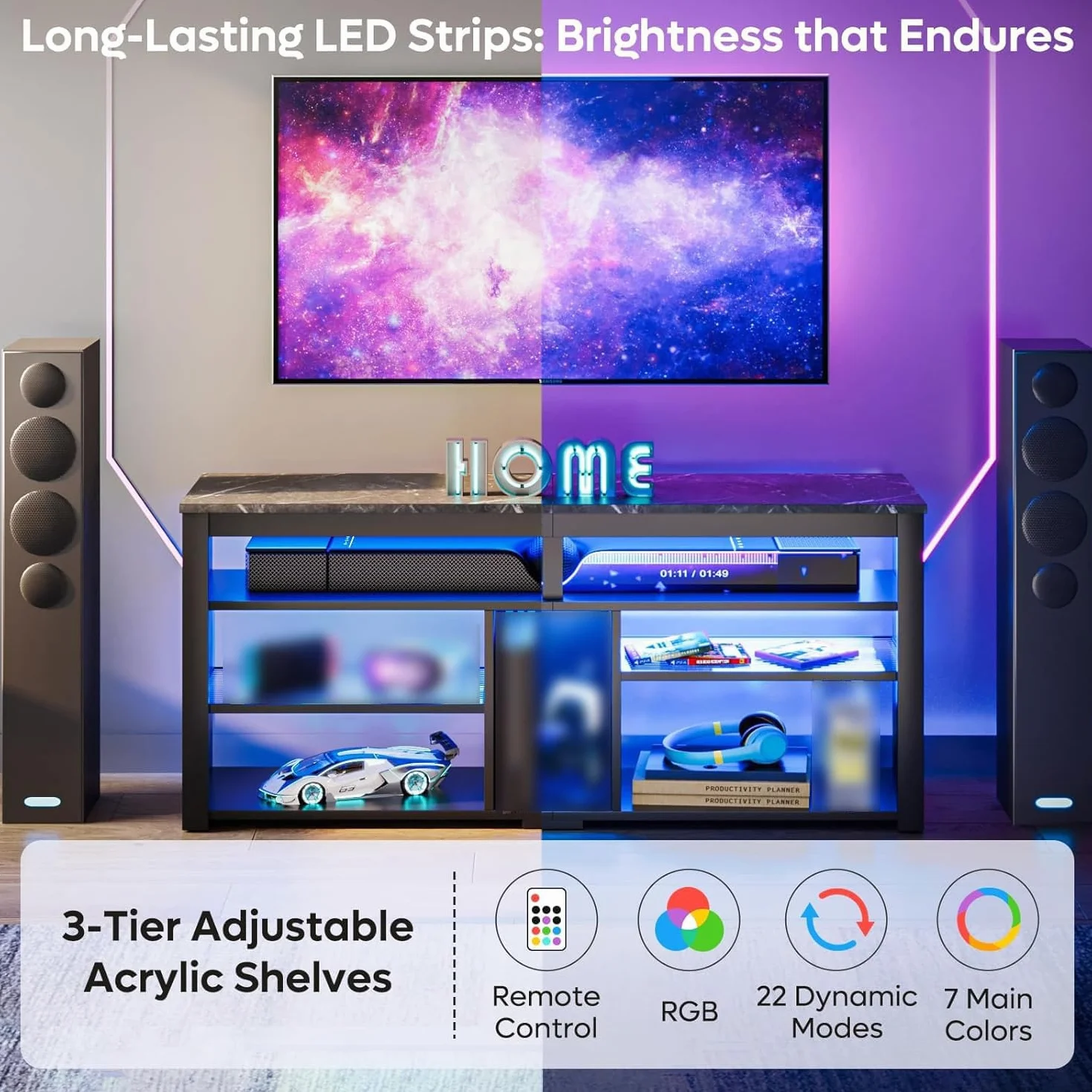 Bestier Mueble de TV Alto para televisores de 65", Soporte para TV con Almacenamiento para PS5, Consola de TV LED con Estante Ajustable para Sala de Estar, mármol Negro