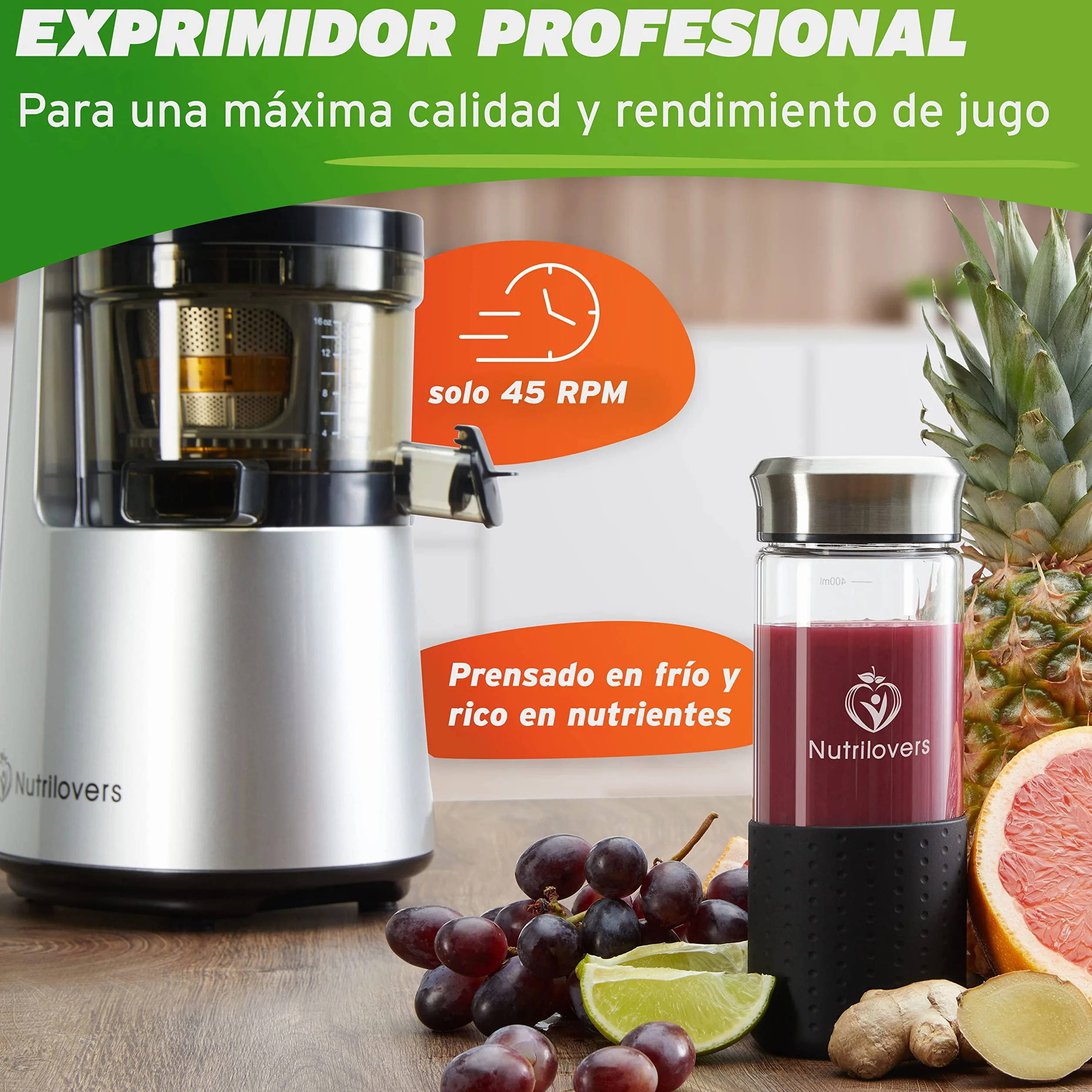 *NUEVO* NUTRI-PRESS NO.1 Exprimidor lento de 3 coladores para zumos, batidos y frutas heladas - Muy silencioso y 100% libre de BPA - Exprimidor eléctrico de frutas, verduras y apio