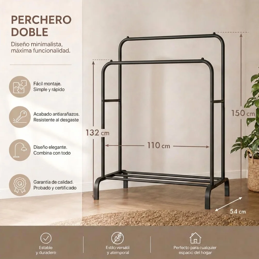 Perchero Colgador de Ropa Doble Metálico 110x150x54 cm con Soporte para Zapatos Negro