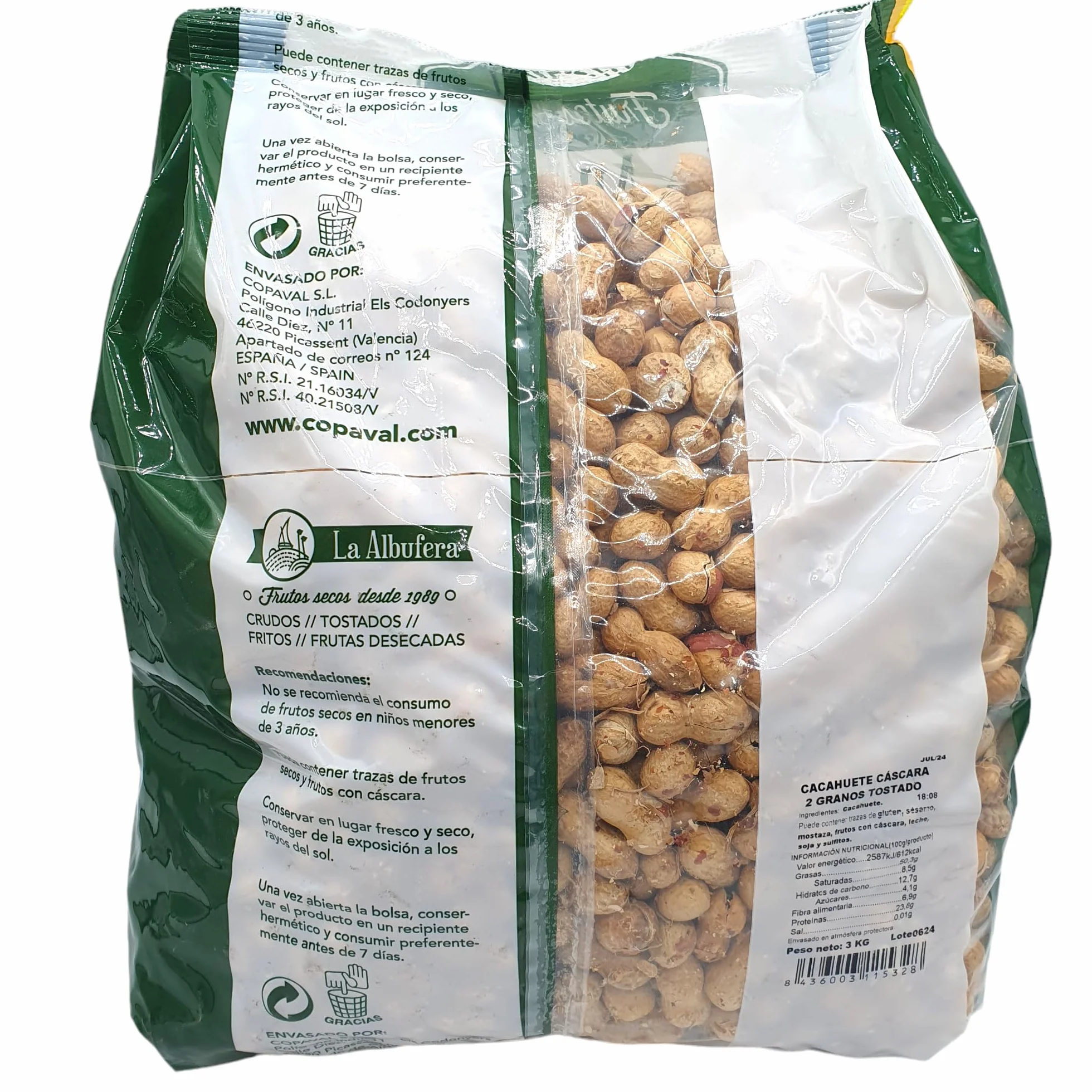 La Albufera Cacahuete Cascara Tostado Sin Sal - Bolsa 3 Kg - Cacao Cascara Tostado