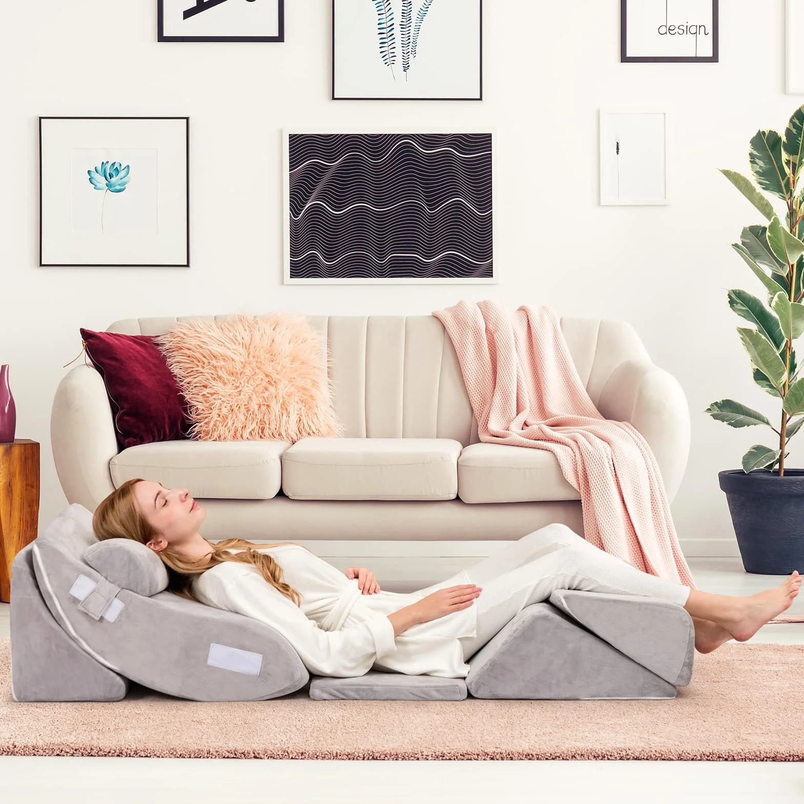 COSTWAY Almohada de Cuña para la Cama de 6 Piezas, Juego de Almohadas de Espuma de Memoria para Aliviar el Dolor de Cuerpo, Almohada de Soporte de Espalda Cómoda Ajustable y Extraíble, Gris