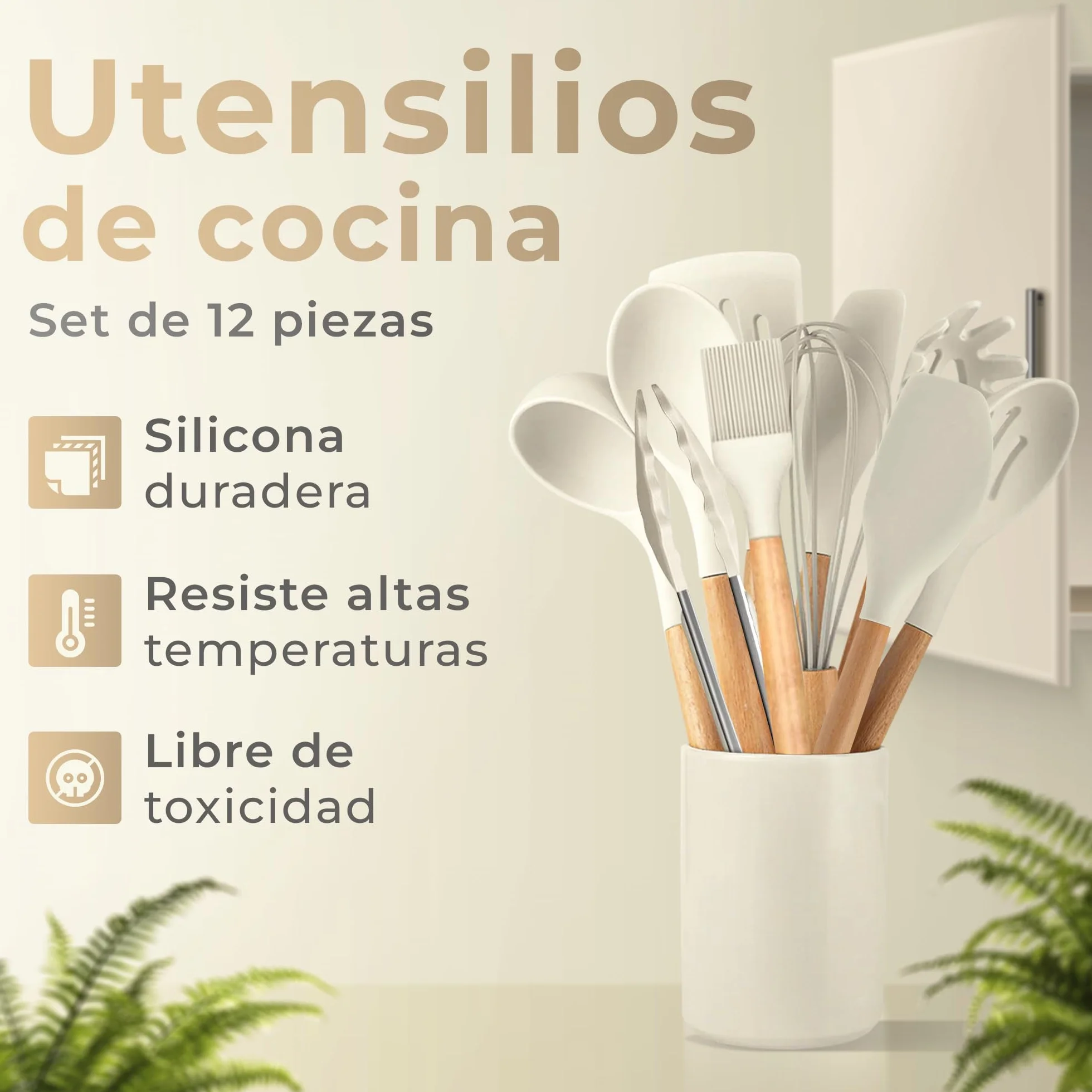 Juego de Utensilios de Cocina de Silicona 12 Piezas con Mangos de Madera y Soporte Organizador Beige