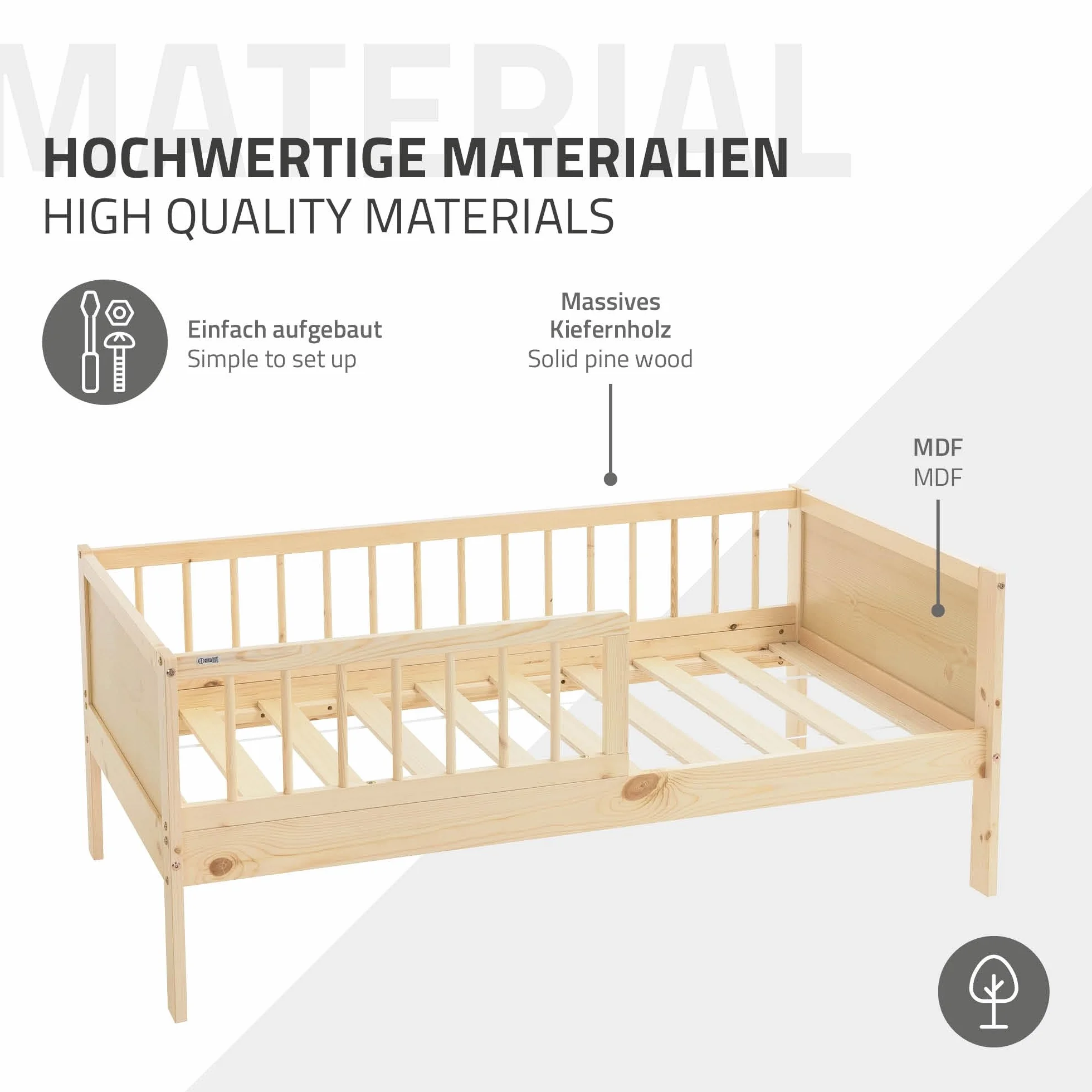 ML-Design Cama Infantil Natural con Colchón De Espuma Fría 70x140cm Madera de Pino Maciza con Somier de Láminas y Protección Anticaída Estructura Robusta Mueble de Dormitorio para Niños/Bebés