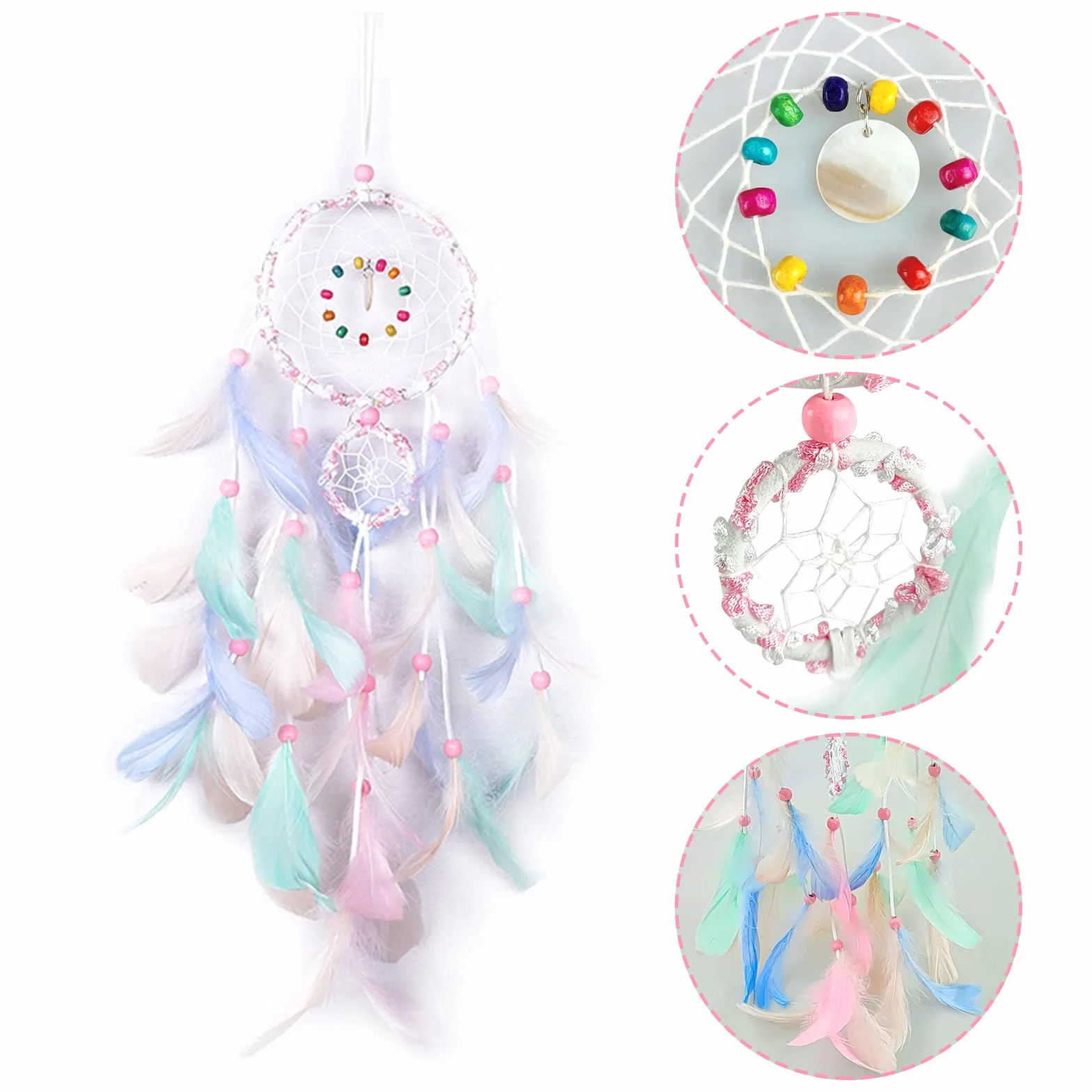 FuninCrea Atrapasueños con Pluma, Atrapasueños Hecho a Mano Estilo Indio, Atrapador de Sueños Dream Catcher para Decoración, Dreamcatcher Atrapa Sueños para Sala de Estar, Dormitorio (Rosa)
