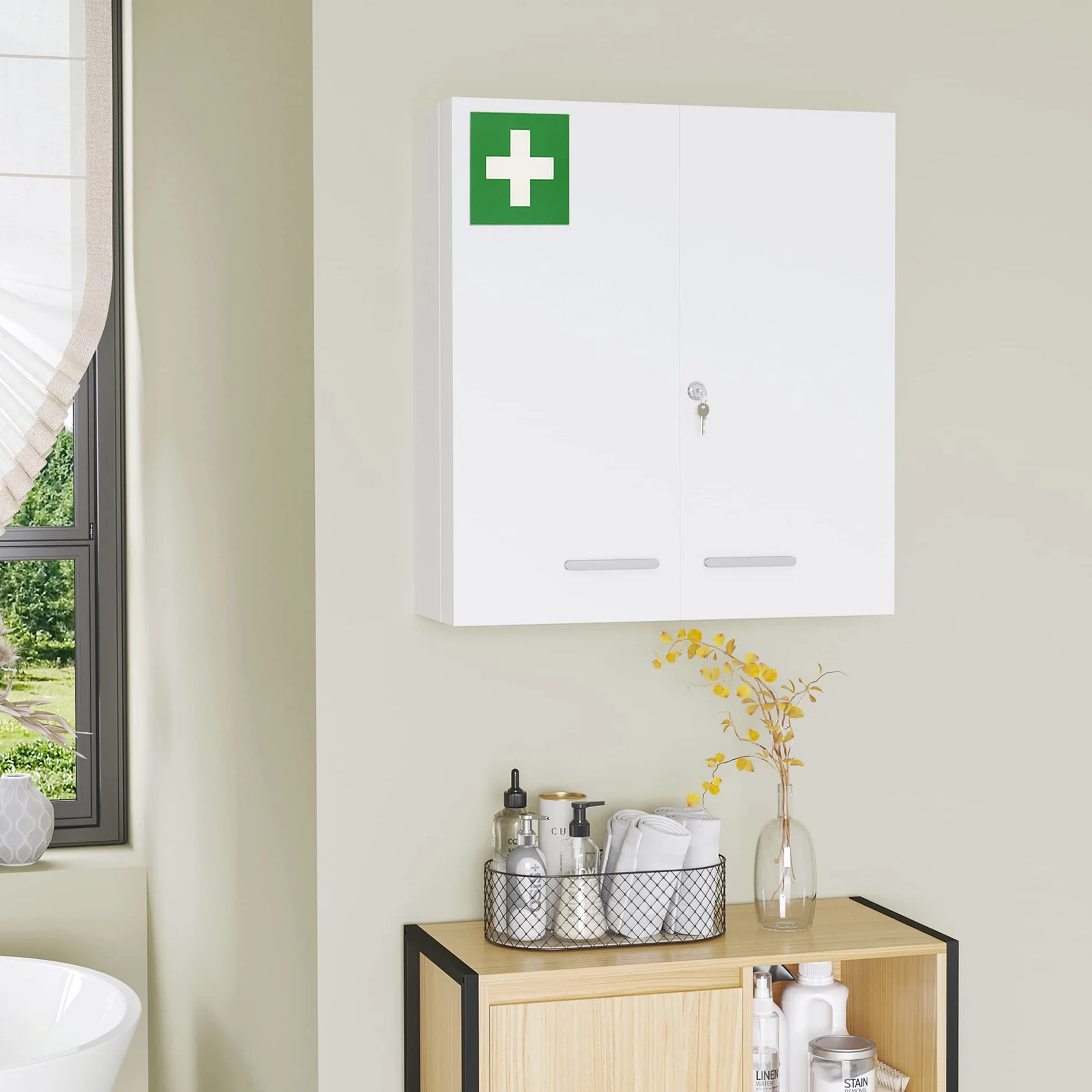 kleankin Botiquín de Pared 3 Niveles Armario Baño Acero 55x18x60 cm Blanco