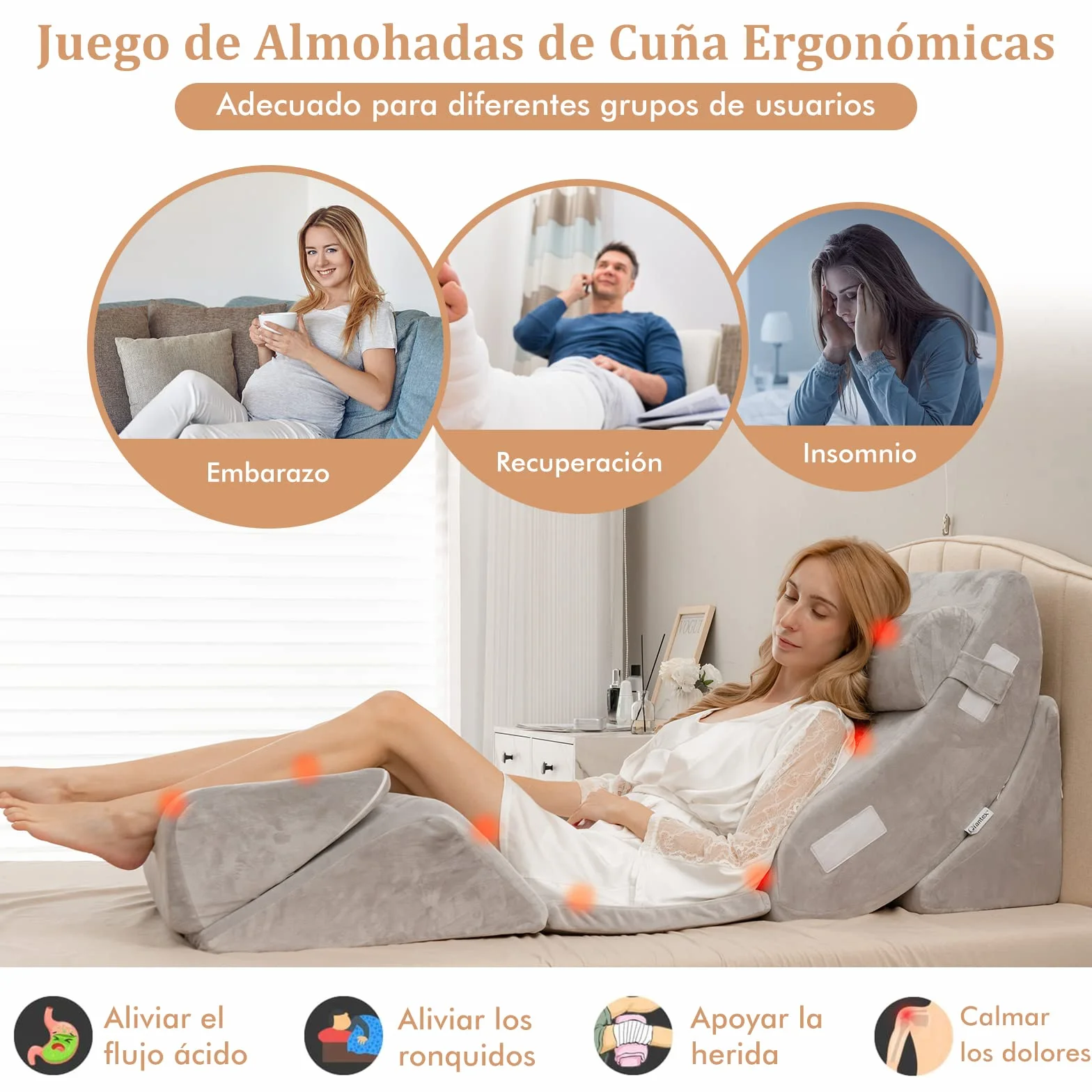 COSTWAY Almohada de Cuña para la Cama de 6 Piezas, Juego de Almohadas de Espuma de Memoria para Aliviar el Dolor de Cuerpo, Almohada de Soporte de Espalda Cómoda Ajustable y Extraíble, Gris