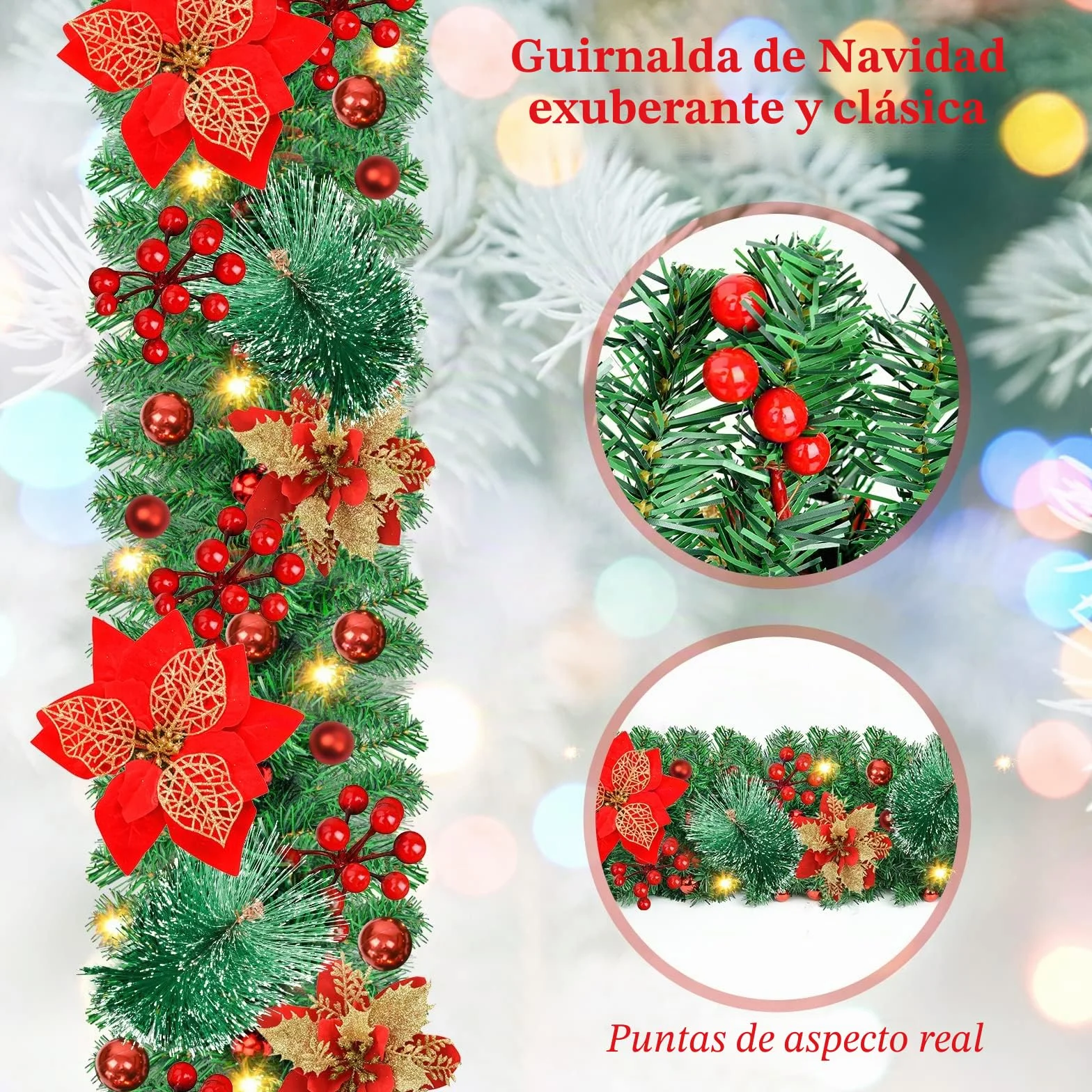 Guirnalda Navidad, Corona navideña de 2,7 m, 200 Ramas, con Bayas Rojas y Agujas de Pino Blanco,Decoracion Navidad para Chimenea con escalones de jardín (Rojo)