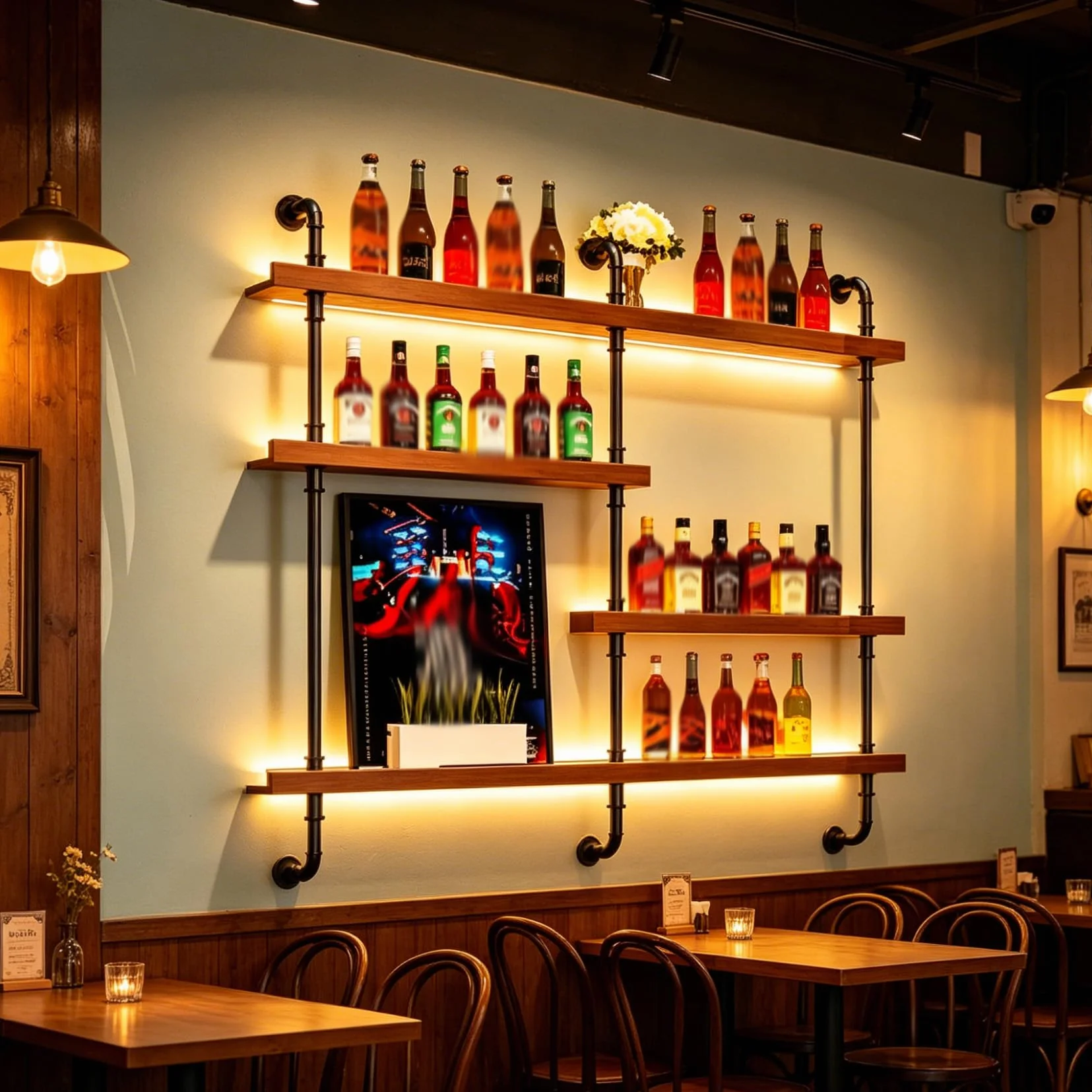 Estante de Vino montado en la Pared con luz, 4 Modernos estantes de Madera para Botellas de Licor, estantes flotantes, Organizador para Bar y Comedor (150×20×150CM Nuez)