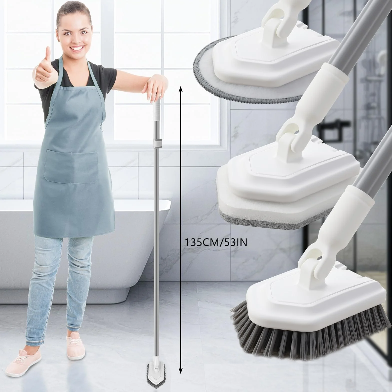 Mitclear 3 en 1 Cepillo de Limpieza Ducha con Mango Telescópico(135cm), Limpiador de Azulejos Baño Largo, Mopa con Cepillo, Esponja & Microfibra para Limpiar Ducha Azulejos Baño Cocina Pared y Suelo