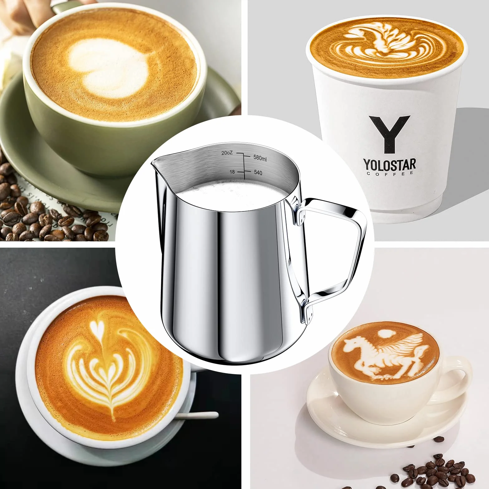 Newaner 600ml Jarra Leche Barista 304 Acero Inoxidable, Jarra de Leche con Marca de Medición 12oz, Jarra Cafe para Capuchino, Espresso, Latte Art, Perfecta para Los Amantes del Café, Plata