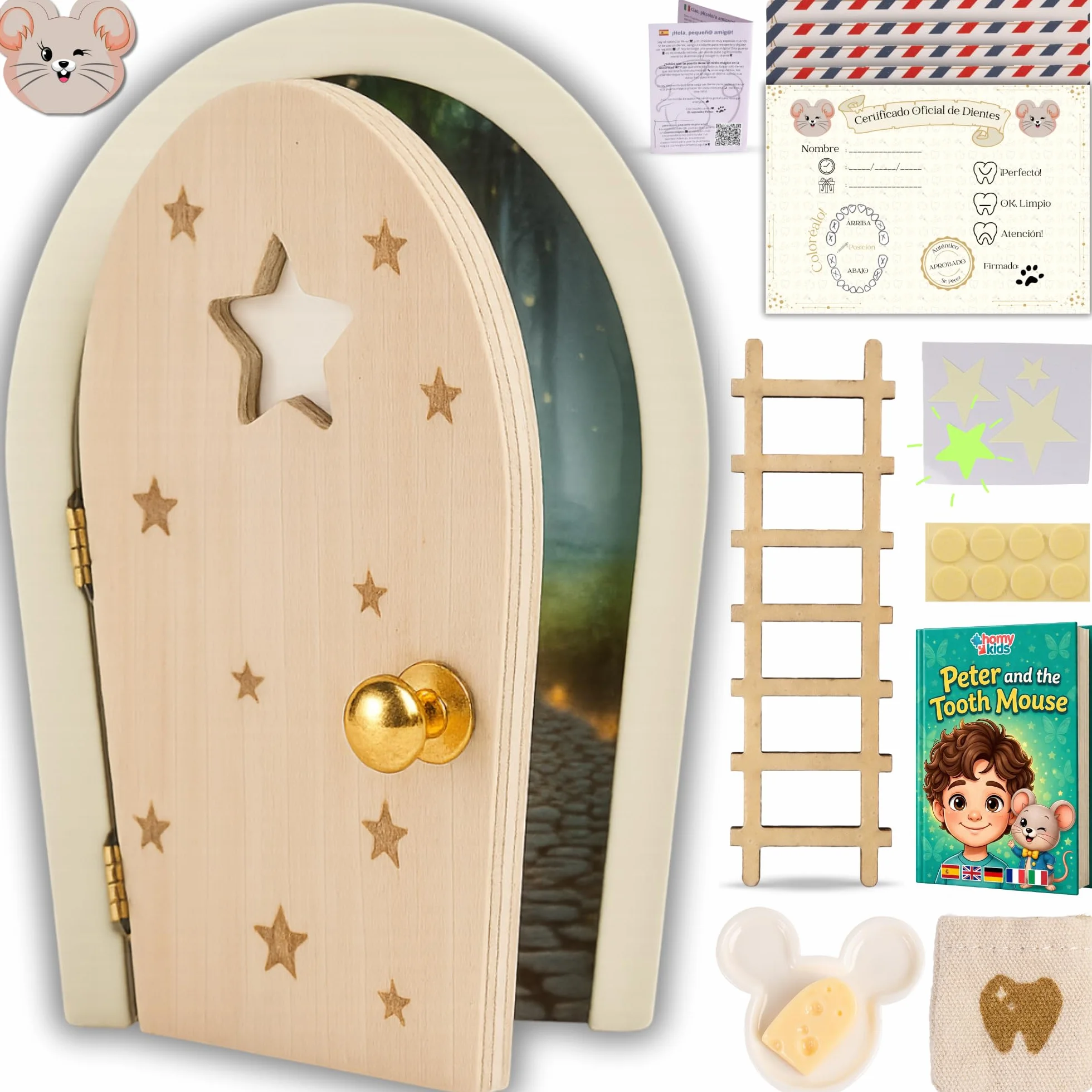 Puerta Ratoncito Perez Magica Abre y BRILLA Cuento GRATIS Certificados Casita Idea Regalo Cajita Dientes Natural