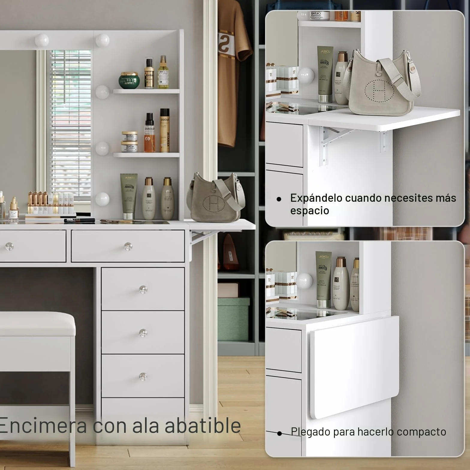 Yanosaku Tocador con Fuente de alimentación 47 Pulgadas más Ancho con Espejo y 12 Luces LED 3 Modos de iluminación de Color 11 cajones 4 estantes Panel Plegable Mesa de Cristal Juego de Maquillaje