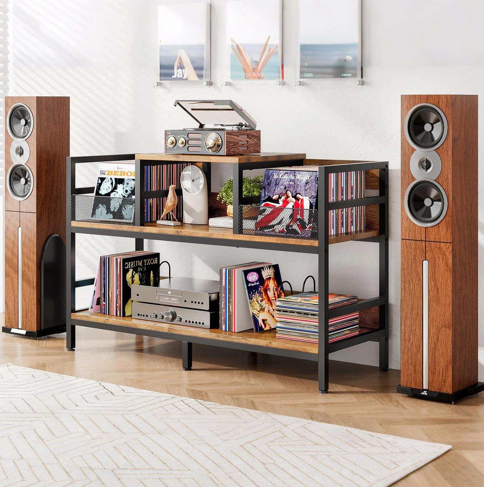 Mueble para Tocadiscos con Almacenamiento de Vinilos, Estantería Retro 3 Niveles, Capacidad 350 LPs, 116.5×37×77.5cm