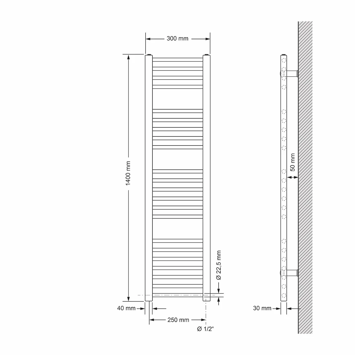 LuxeBath Radiador Toallero Eléctrico de Baño 300x1400 mm Blanco Conexión Lateral Recta y Barra Calentadora 900W con Termostato y Pantalla Digital, Calentador Secador de Toallas kit de montaje incluído