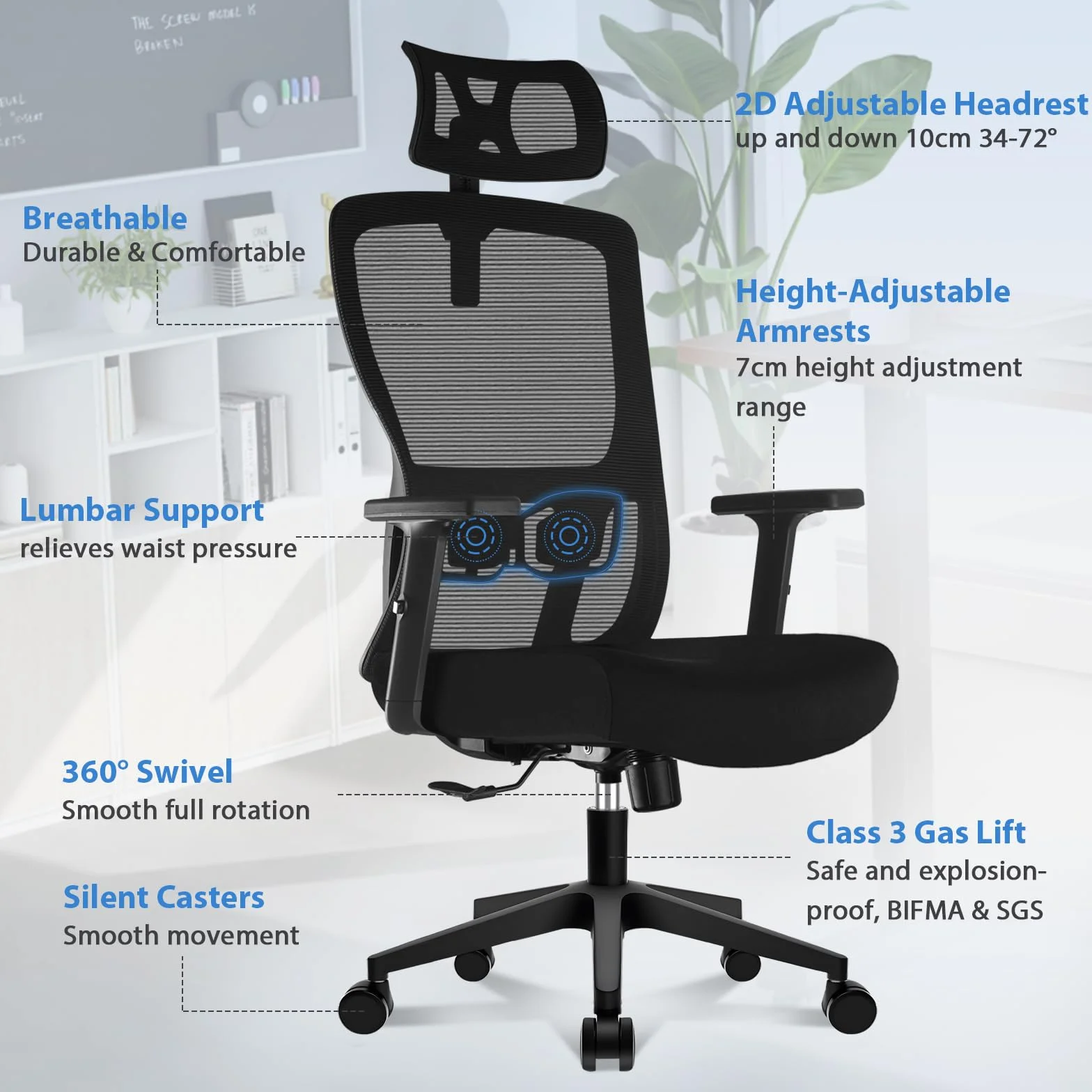 Durrafy Silla Oficina Ergonómica,Silla Escritorio con reposacabezas Ajustable,Reposabrazos, Soporte Lumbar, Altura Regulable y oscilación de 120°, Silla de Oficina Capacidad de Peso 150kg