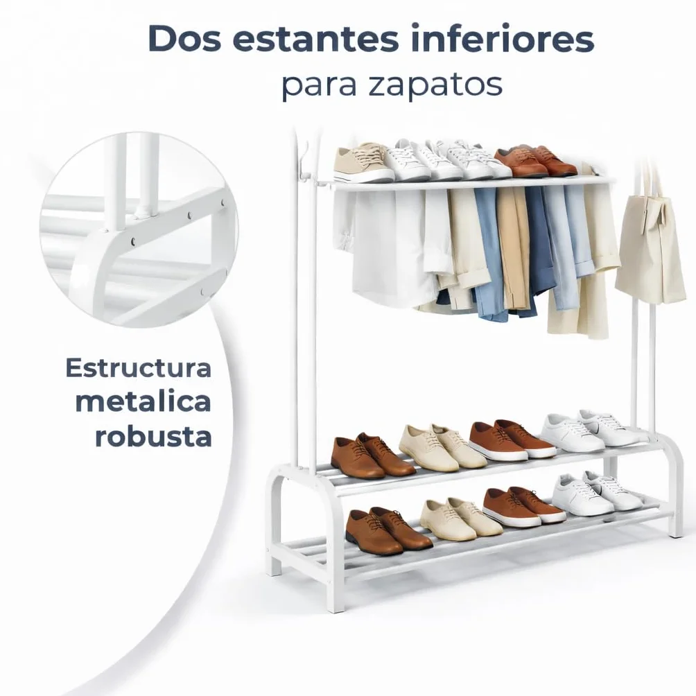 T-LOVENDO.ES Perchero Burro Doble Ropa Metálico Negro con Zapatero Inferior