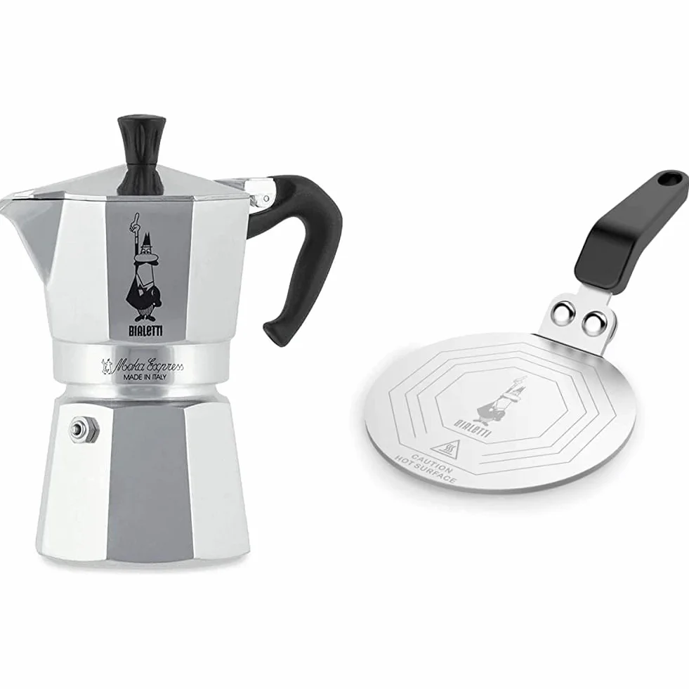 Bialetti Moka Express Cafetera Italiana Espresso, 4 Tazas, Aluminio + DCDESIGN08 Difusores de calor, adaptador para el utilizo de cafeteras y baterías de cocina sobre placas de inducción
