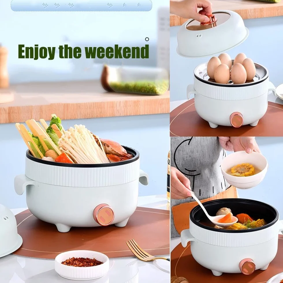 Olla Eléctrica 2.2L con Vaporera, Sartén Antiadherente Portátil para Asar/Ramen/Bistec/Fondue/Sopa, Doble Control de Potencia, beige