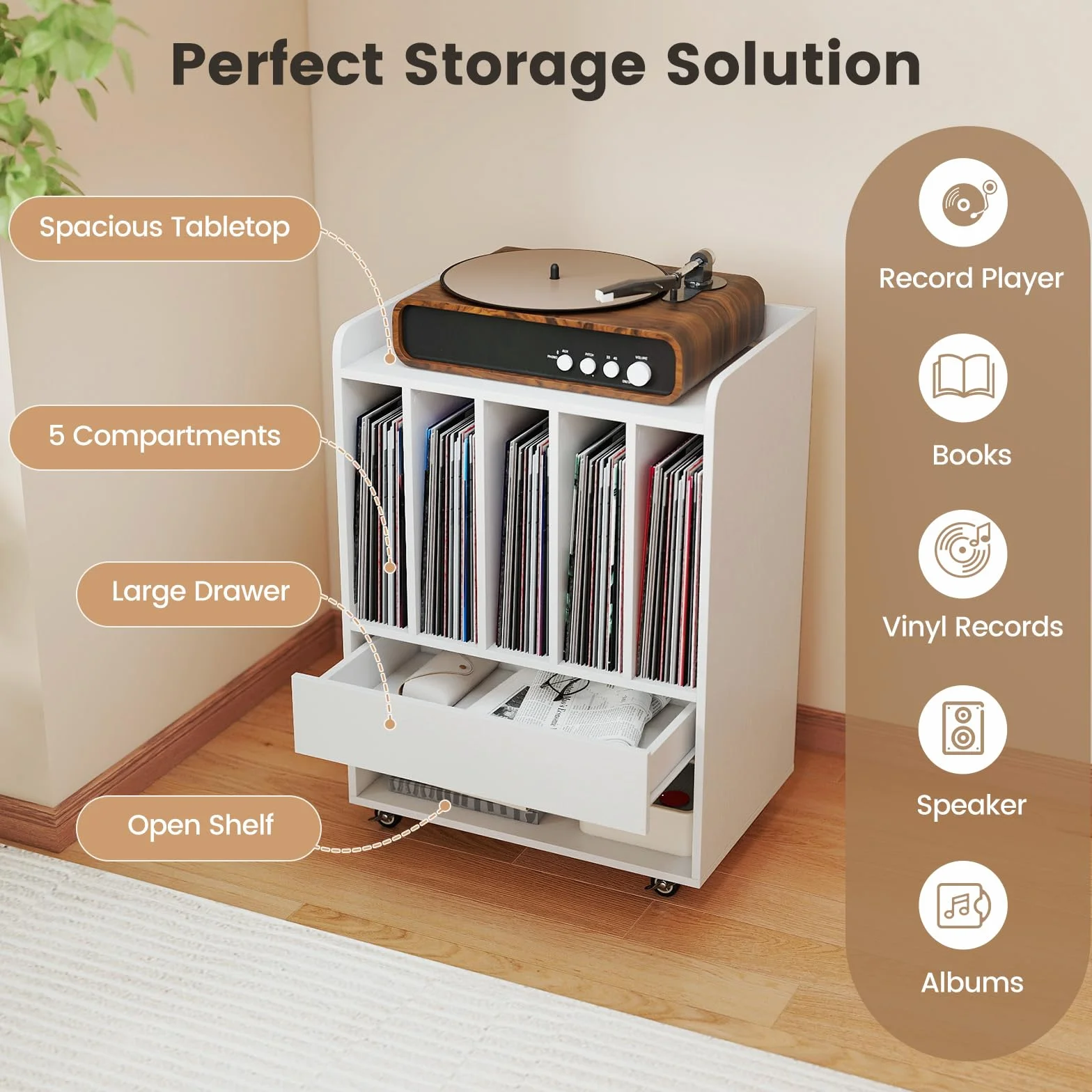 KOMFOTTEU Soporte para Tocadiscos con Ruedas, Mesa Auxiliar, 5 Compartimentos, Cajón, Estante Inferior, Ganchos, Armario de Almacenamiento, 52 x 35,5 x 73 cm, Blanco