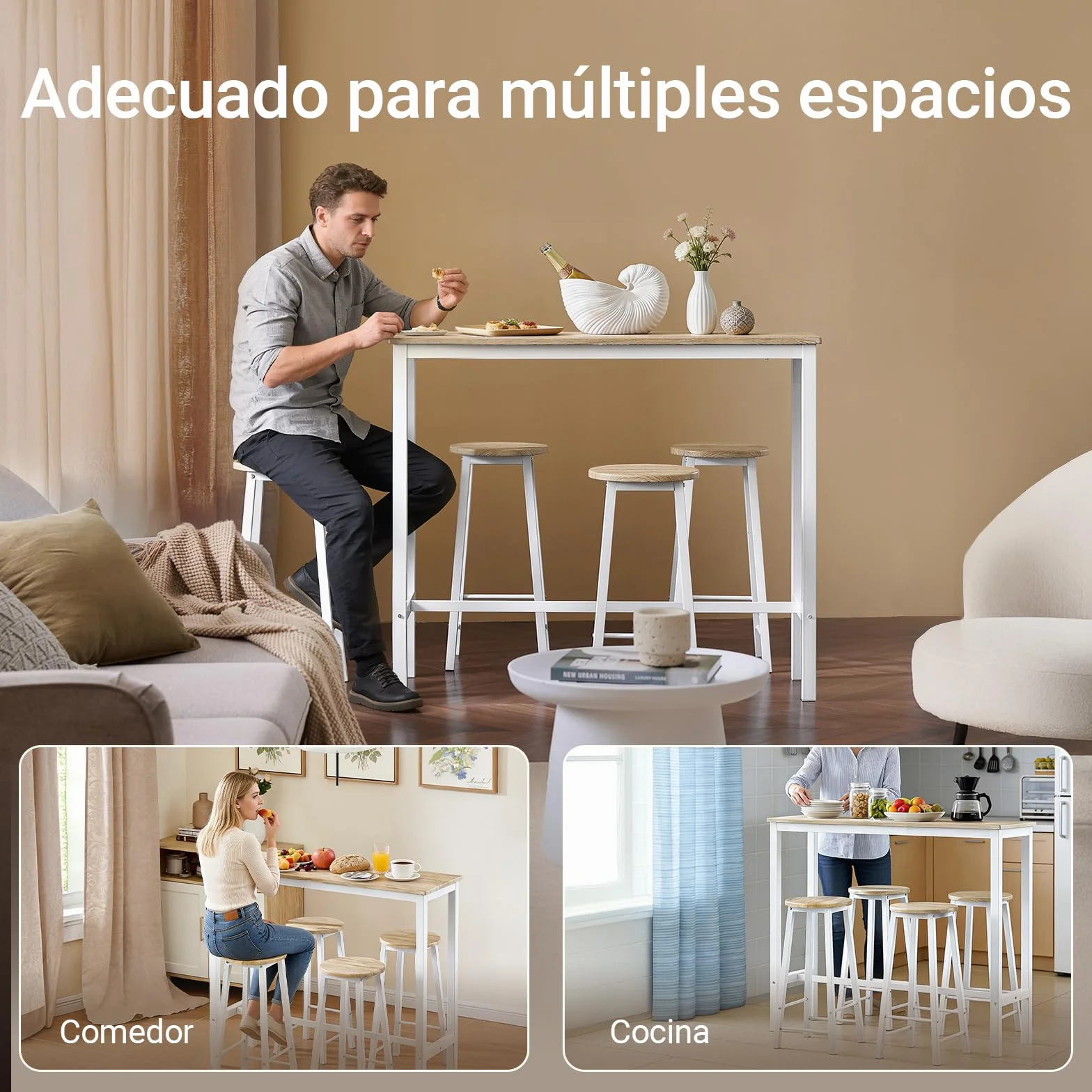 SoBuy Mesa Comedor, Juego de Mesa Alta con 4 Taburetes, Mesa y Sillas de Comedor para Espacios Reducidos, Conjunto de Bar Moderno Blanco OGT22-WN