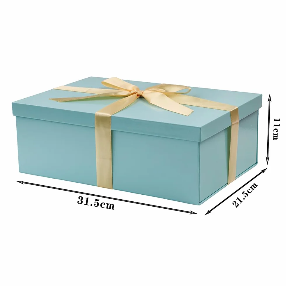 Caja de regalo Azul con tapa 31.5 x 21.5 x 11 cm, Cajas de Regalo Premium con Tapa y Cinta para Regalos de San Valentín, Navidad Incluye Papel seda triturado Tarjetas sobre