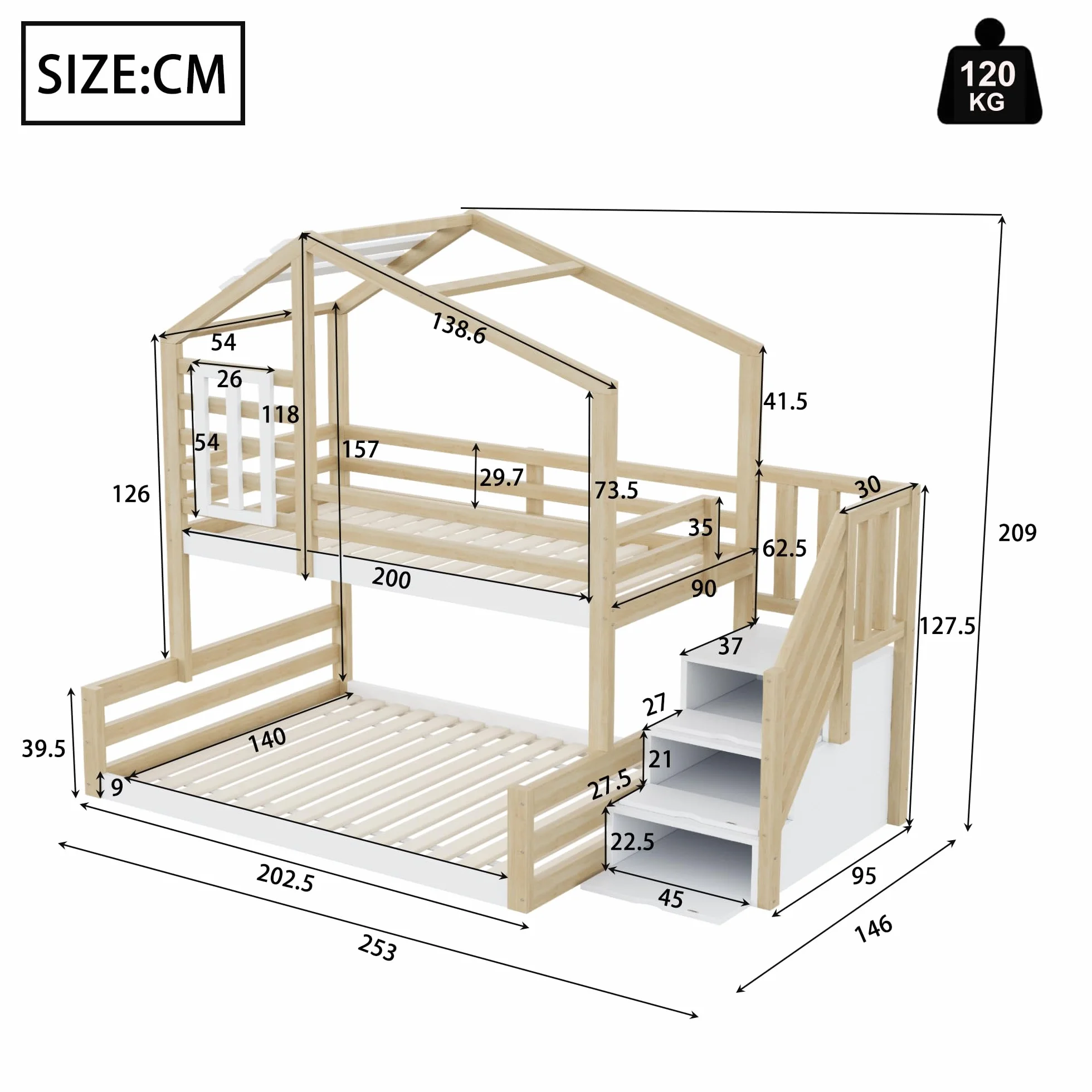 LAKFEW Litera 90(140)x200 cm con Escalera Almacenaje y Diseño de Techo, Cama Infantil para 2 Niños, Cama Litera Matrimonio con Barandilla Anticaída y Ventana, Literas Infantiles, Natural, Sin Colchón