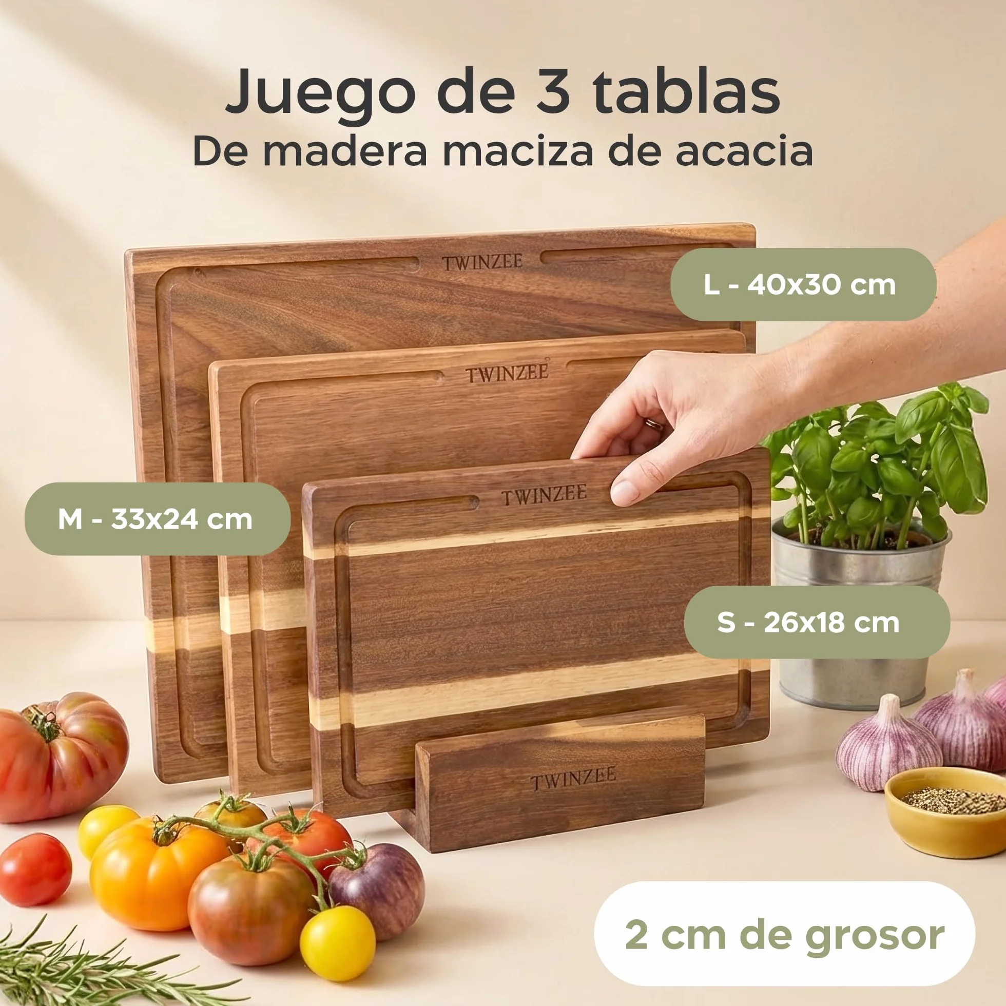 Twinzee Juego de 3 Tablas de Cortar Maciza de Acacia con Soporte, Canal para Jugos, 40x30/33x24/26x18 cm, 2cm Grosor