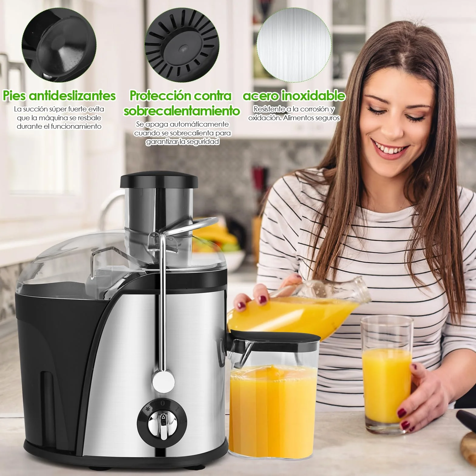 Dreamhigh® Extractor de Zumos, Licuadora para Verduras y Frutas 800W de Acero Inoxidable, Extractor de Zumos y Verduras con Boca de 65 mm, 3 Velocidades, de Ajuste Apto Para Zumos de Frutas y Verduras
