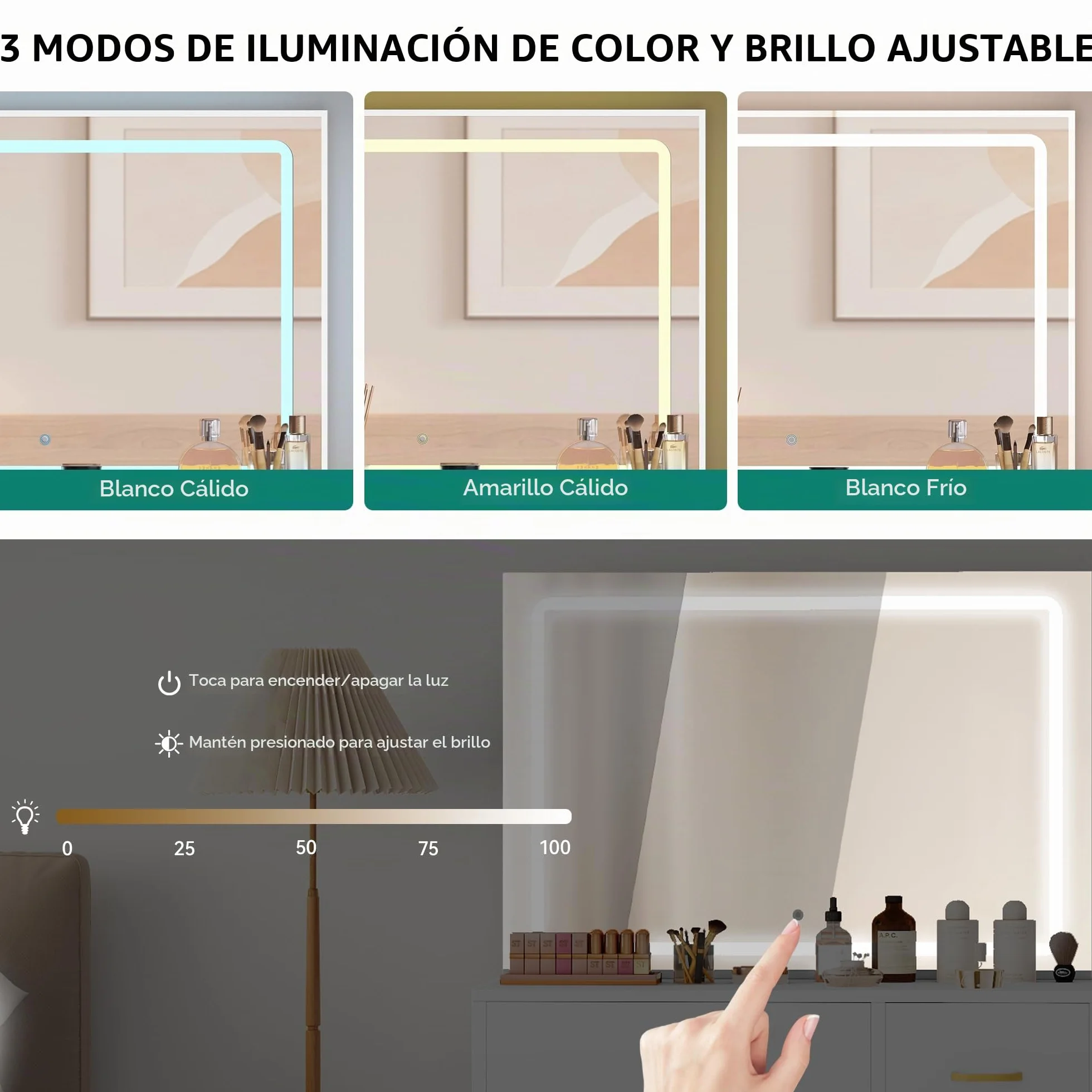 YITAHOME Tocador con iluminación LED Ajustable y tocadores, tocador con Espejo, 4 cajones y Taburete, Blanco