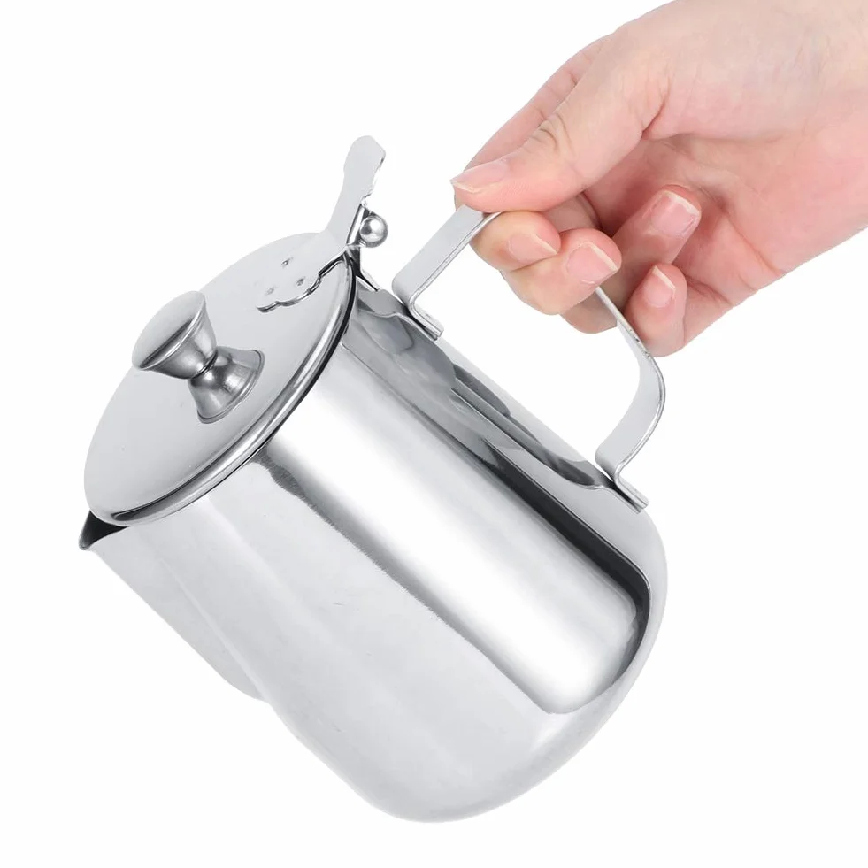 Jarra de leche con tapa, 600 ml/1000 ml, jarra de leche de acero inoxidable, jarra de espuma de leche con mango para café con leche, número de referencia (600 ml)