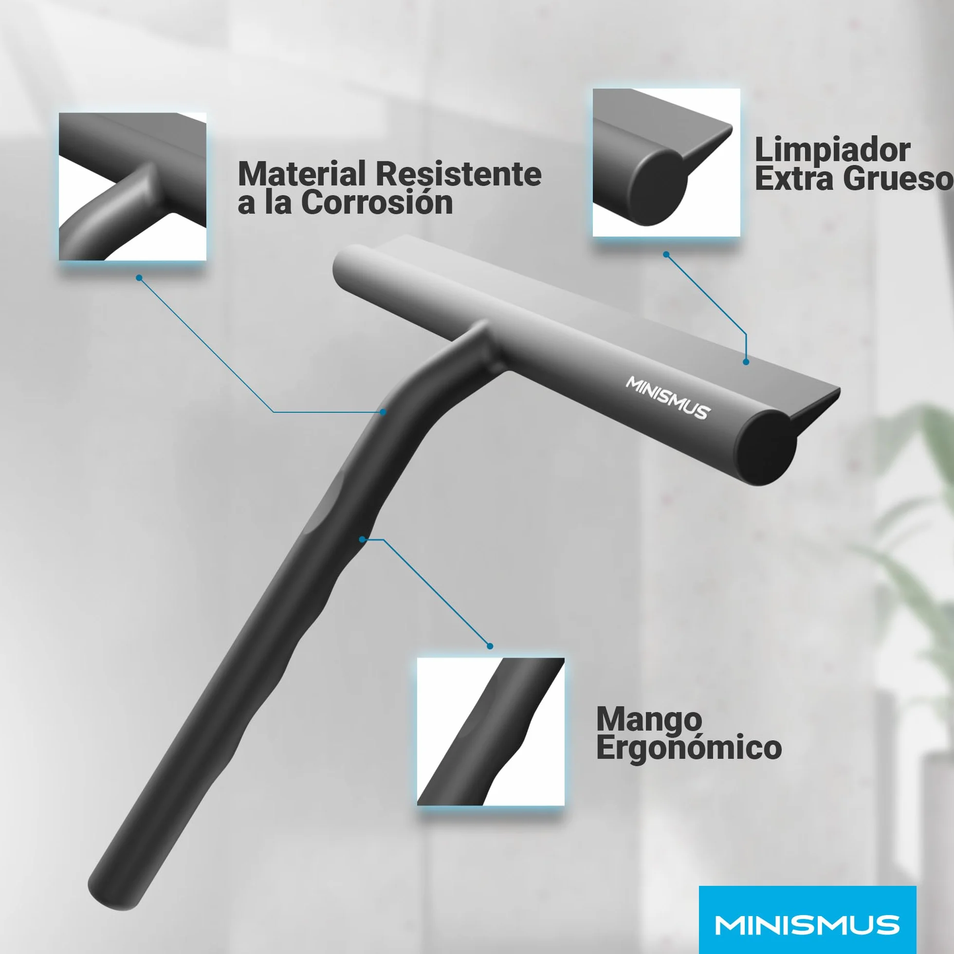 Limpiacristales para Ducha 21 cm Negro Incluye Soporte magnético sin taladrar Autoadhesivo