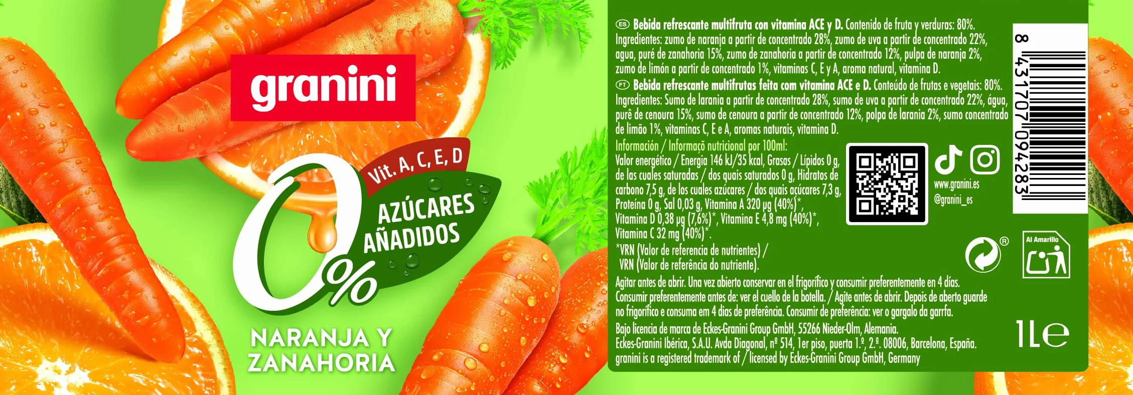 Granini Bebida de frutas Naranja Zanahoria y Uva Sin azúcares añadidos 1L Clásicos Mix