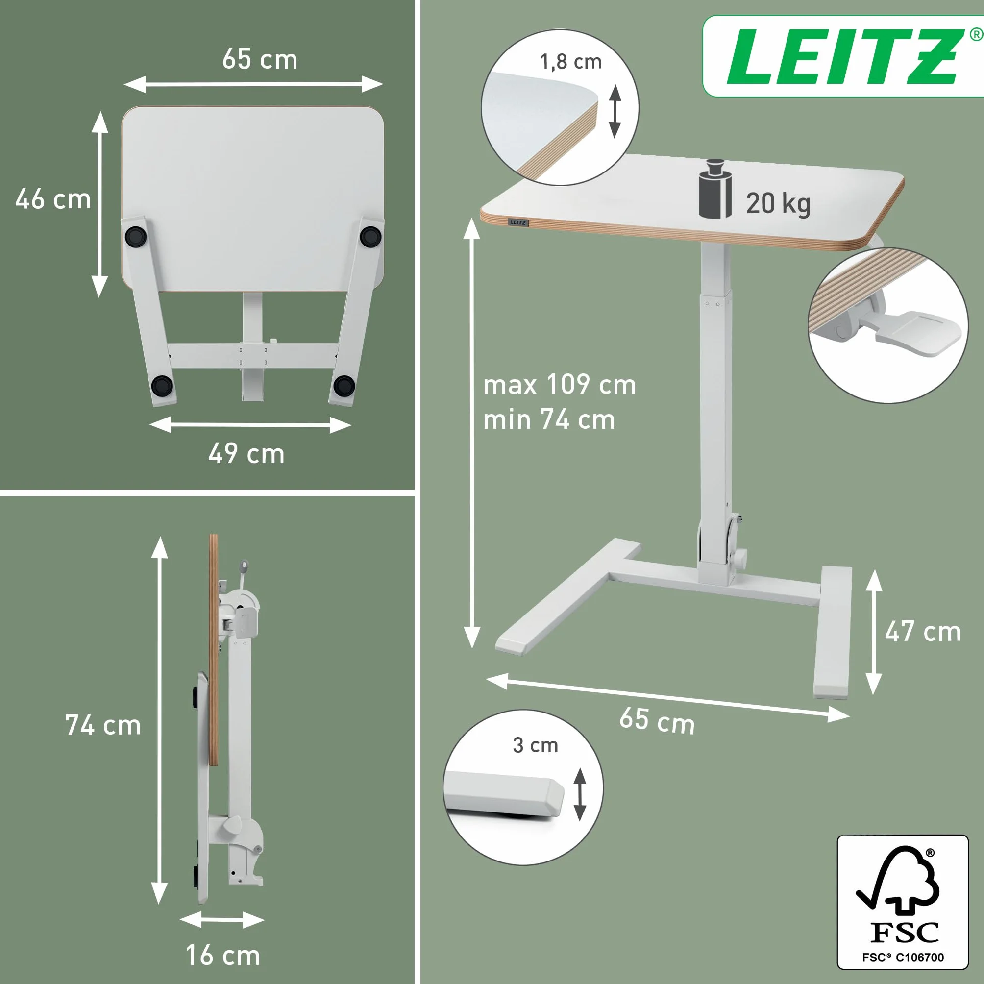 Leitz Ergo Escritorio Compacto Plegable para Trabajar Sentado o de Pie – Mesa Portátil con Asa, pensado para Ordenador Portátil, Soporta hasta 20 kg, 65x46 cm, Blanca, 65880001