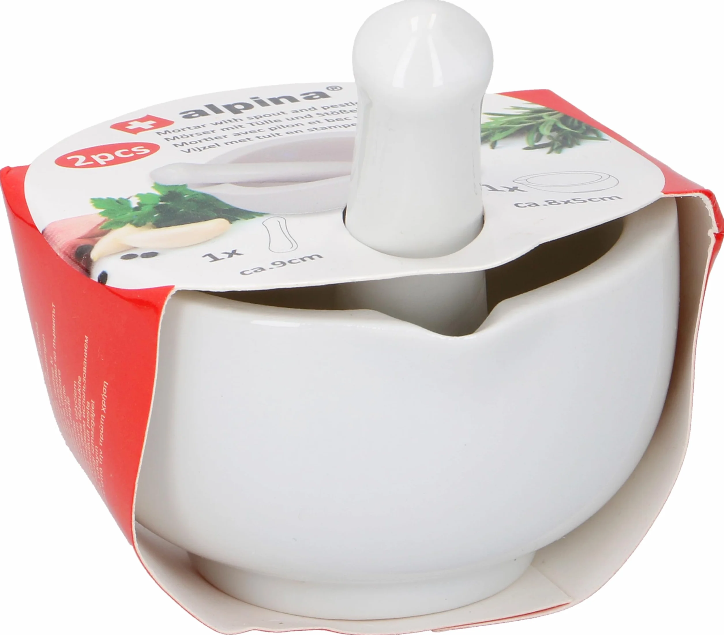Alpina Trituradora de mano de mortero y mortero de porcelana blanca de 8,5 cm